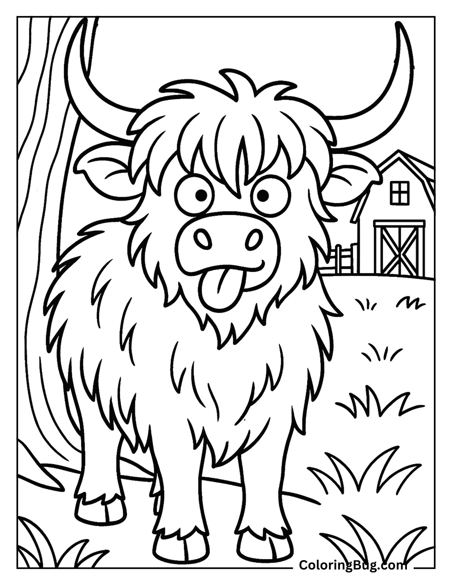 Highland Cow Making Silly Face With Crossed Eyes Coloring Sheet
