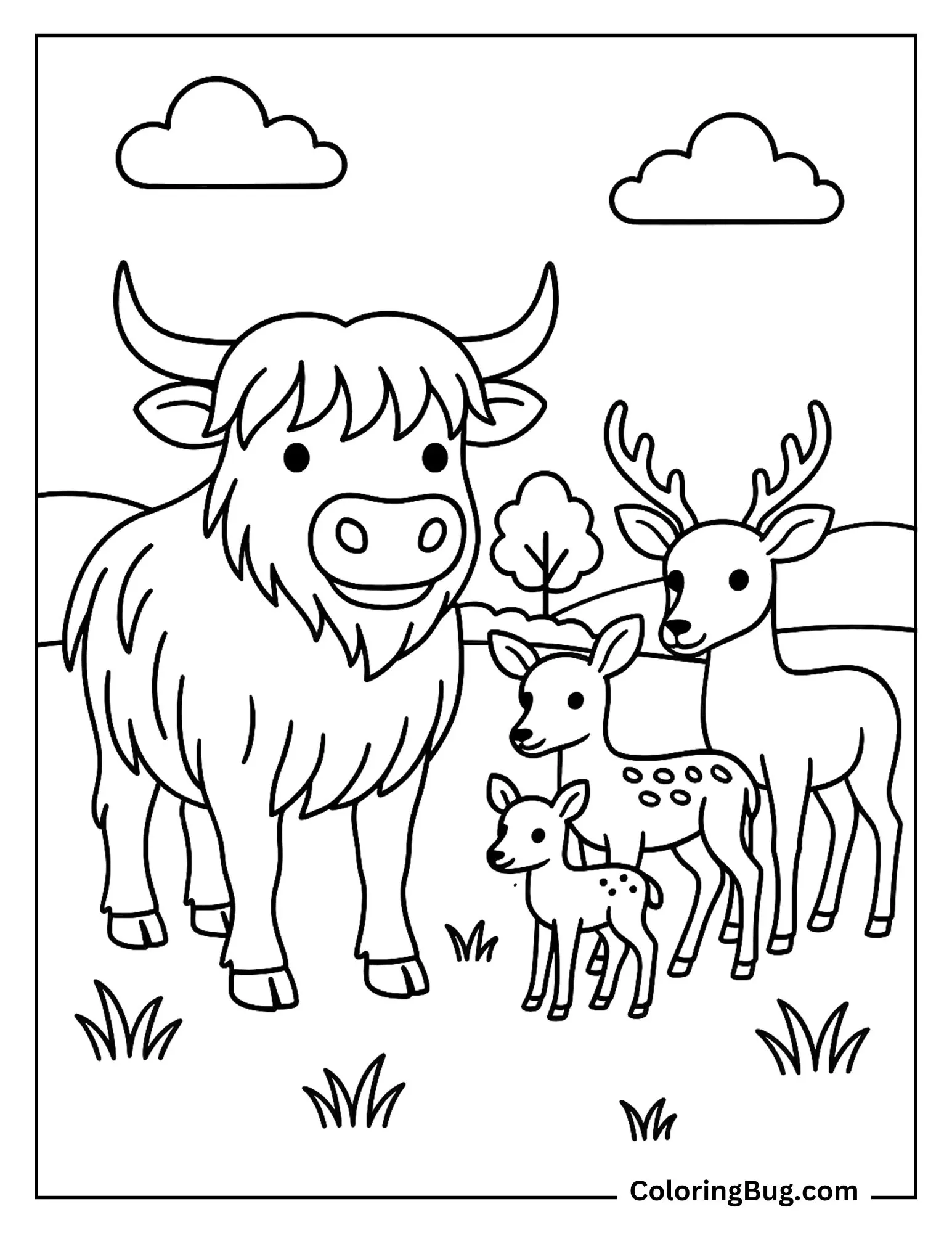 Highland Cow Meeting Deer Family Coloring Sheet