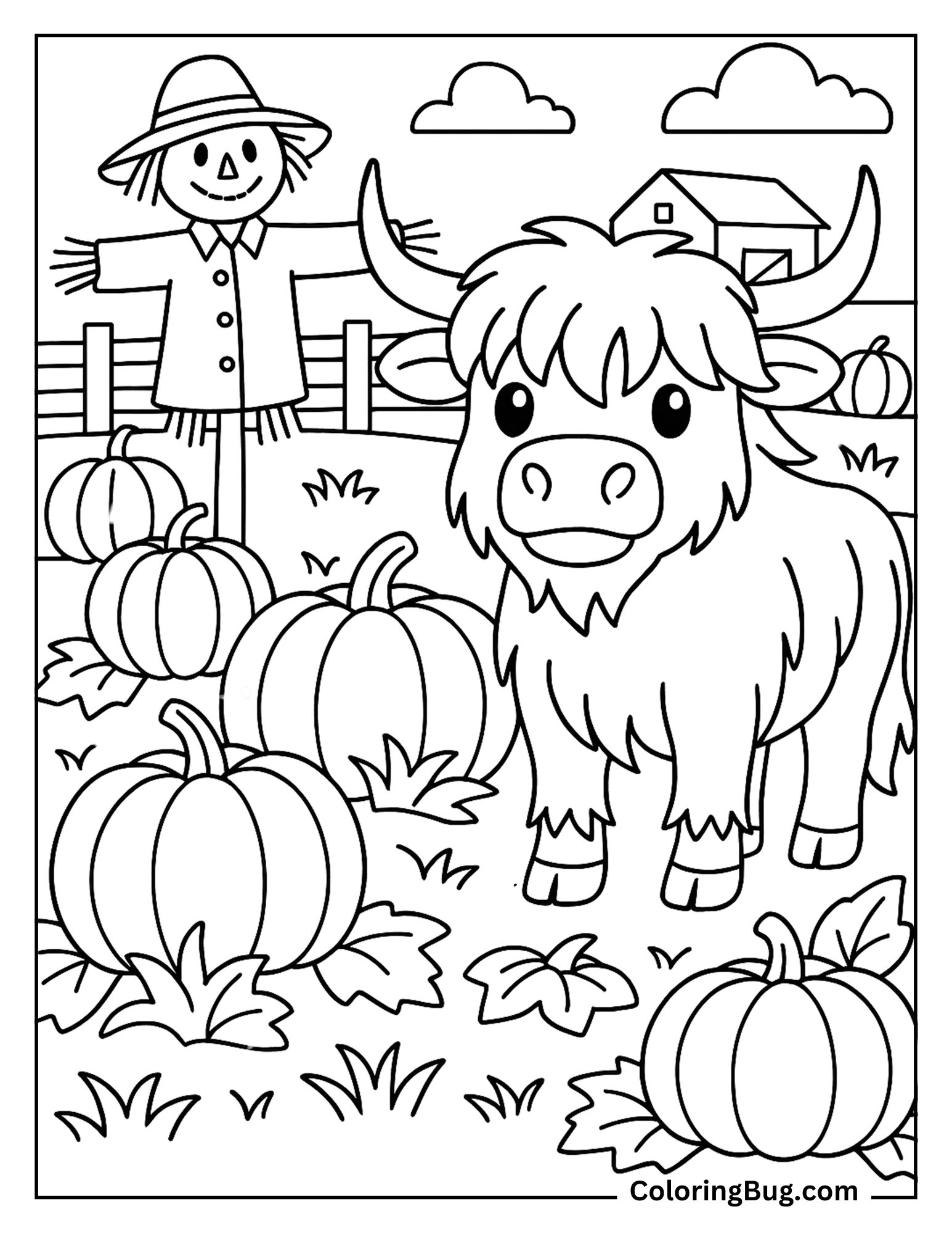 Highland Cow Near a Scarecrow in a Pumpkin Patch Coloring Sheet