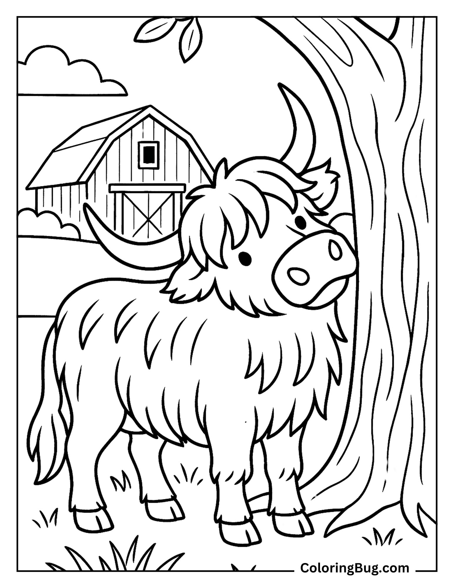 Highland Cow Standing Under Tree Coloring Sheet