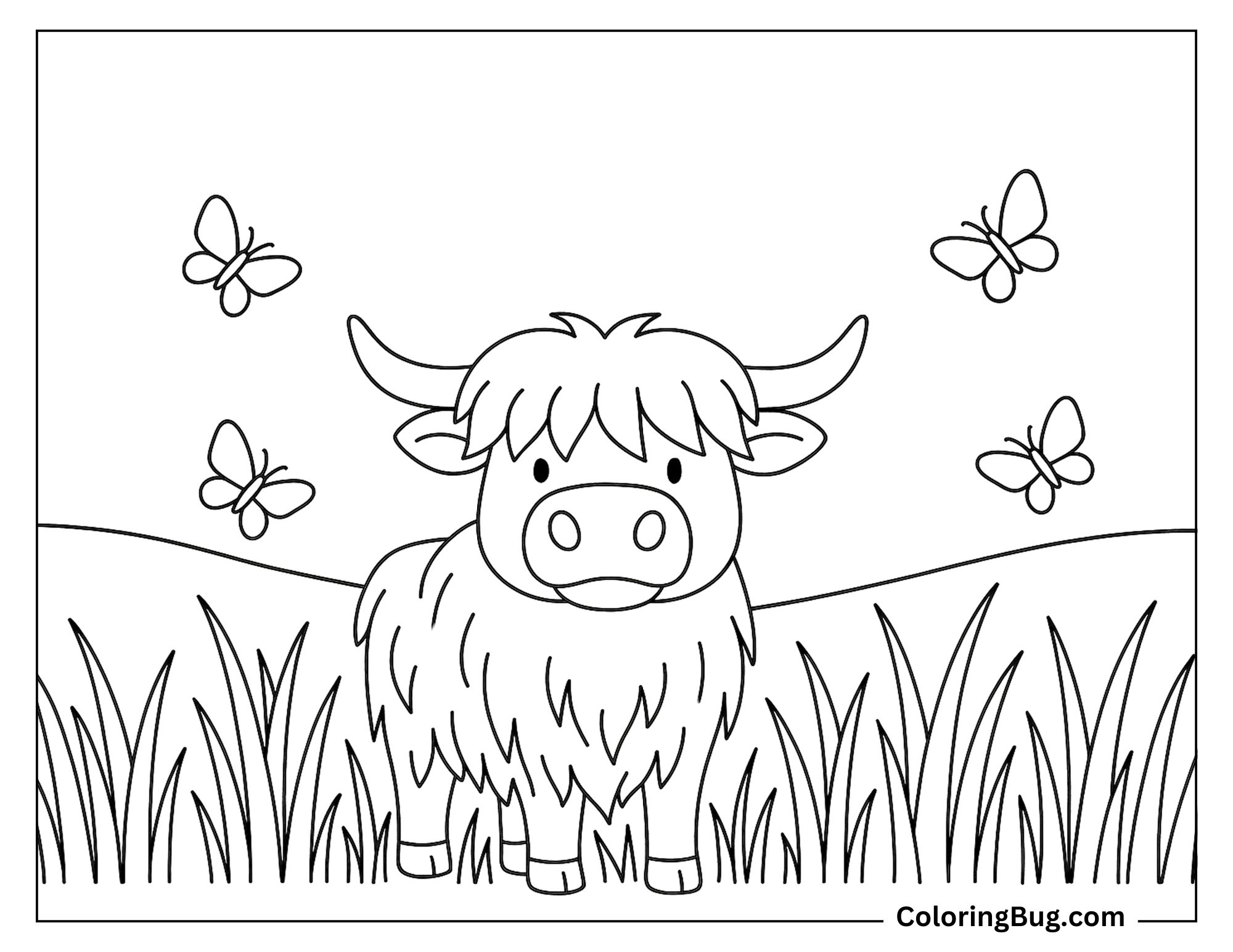 Highland Cow Standing in Tall Grass Surrounded By Butterflies Coloring sheet