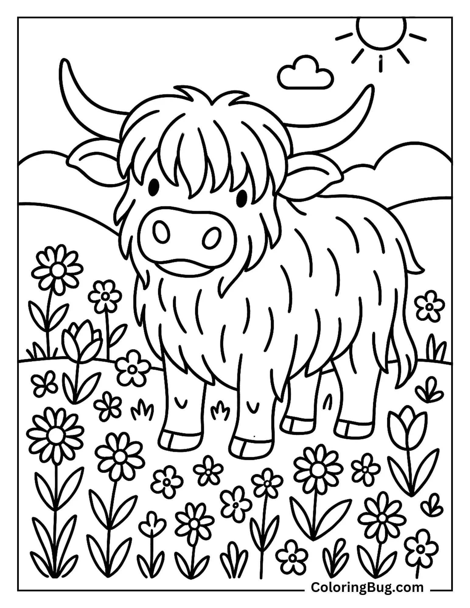 Highland Cow Surrounded By Blooming Flowers Coloring Sheet