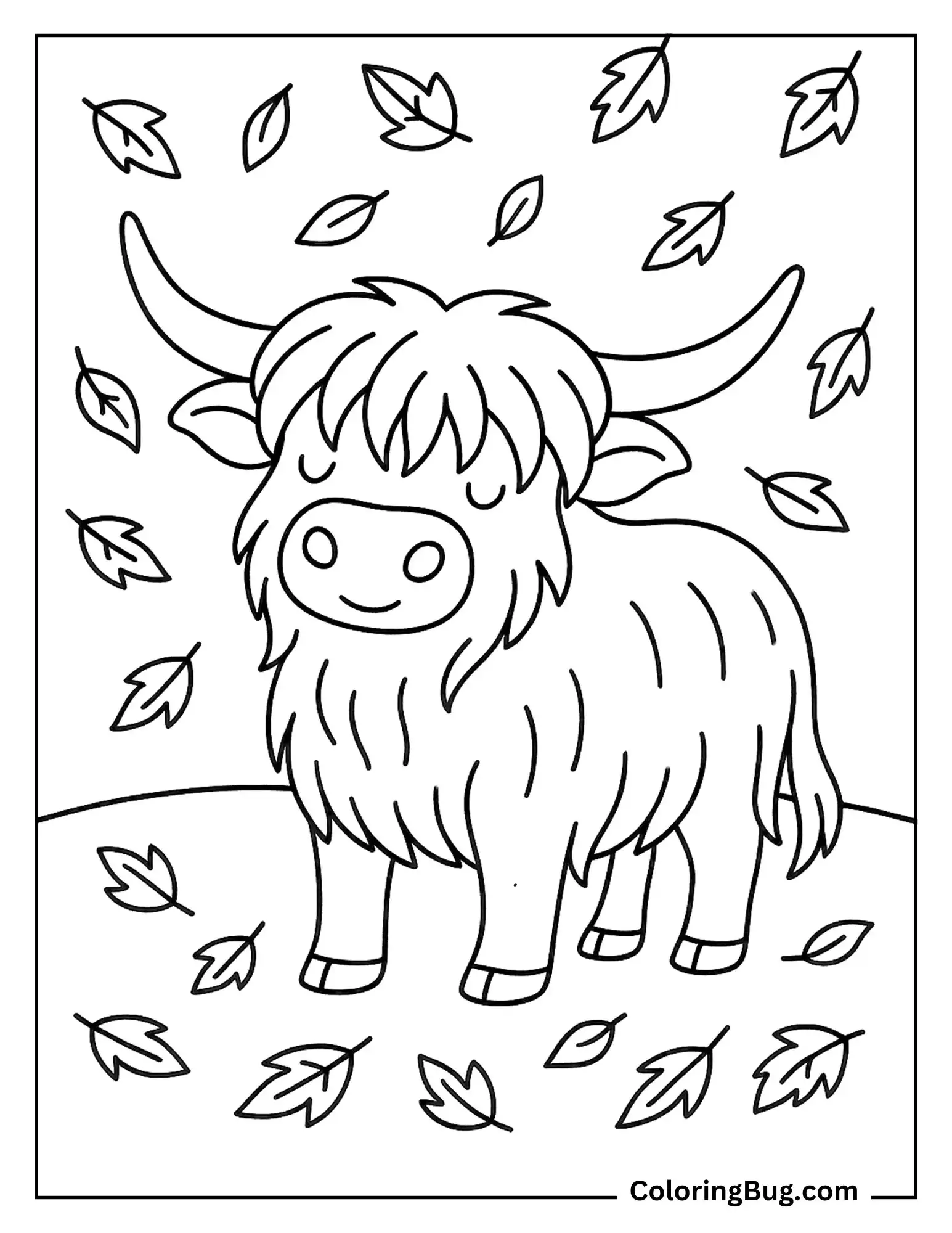 Highland Cow Under Falling Autumn Leaves Coloring Sheet