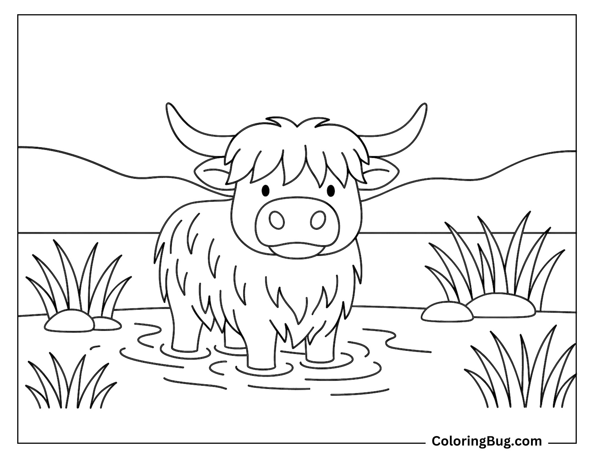 Highland Cow Wading Through a Shallow Stream Coloring sheet