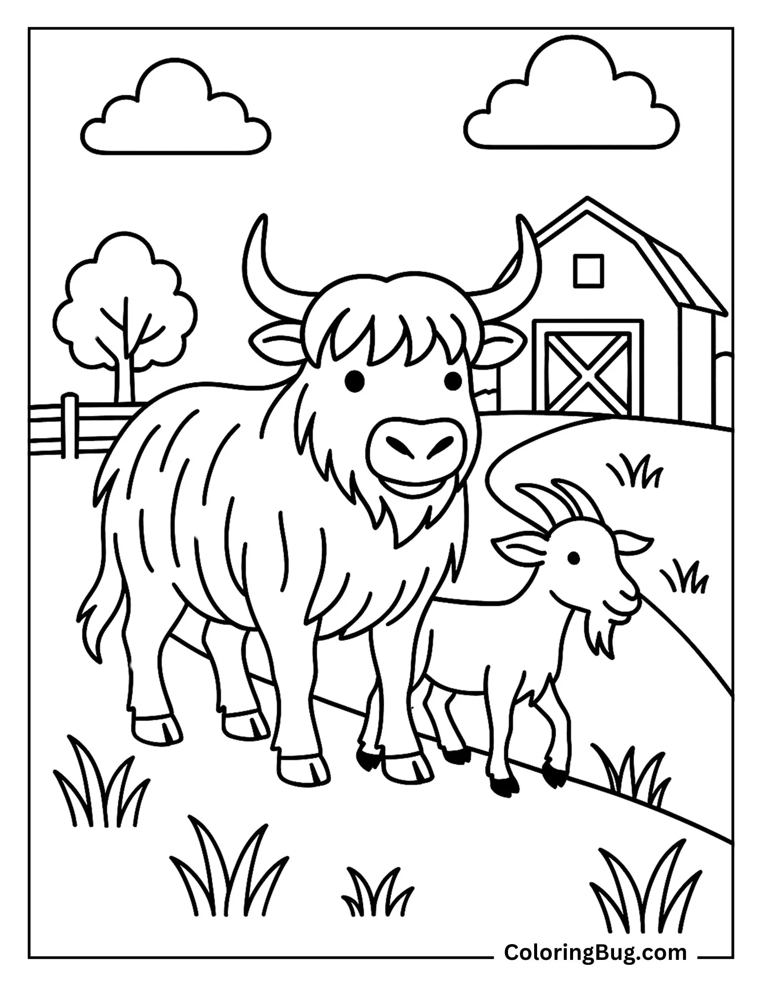Highland Cow Walking With Goat Coloring Sheet