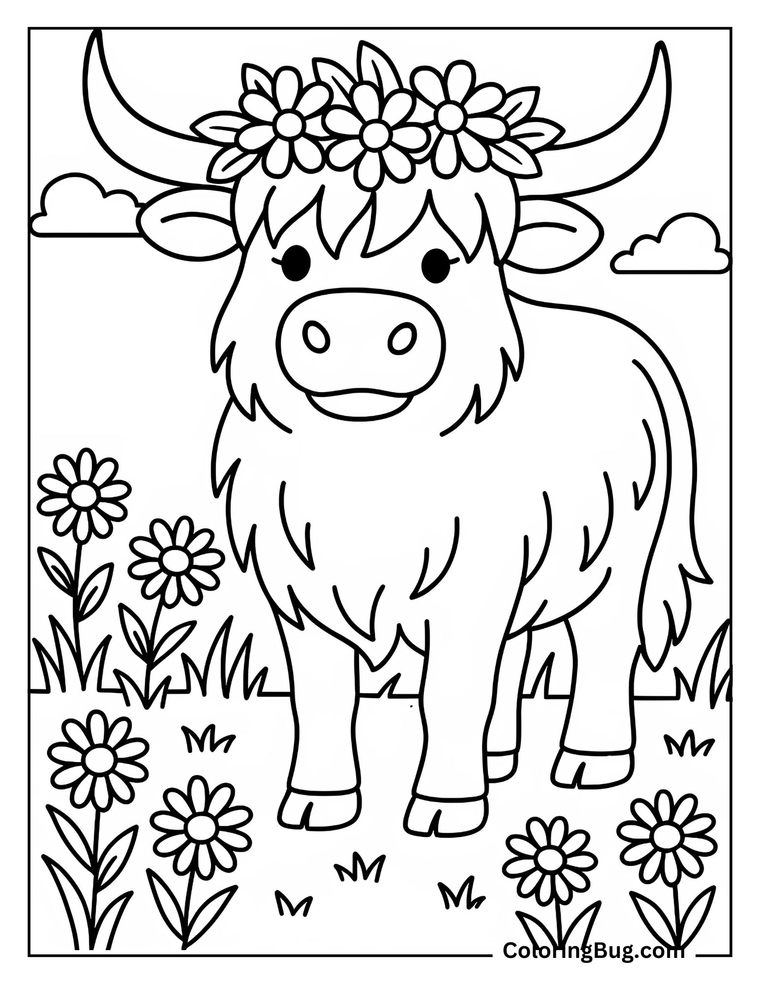 Highland Cow Wearing Flowers Crown Coloring Sheet