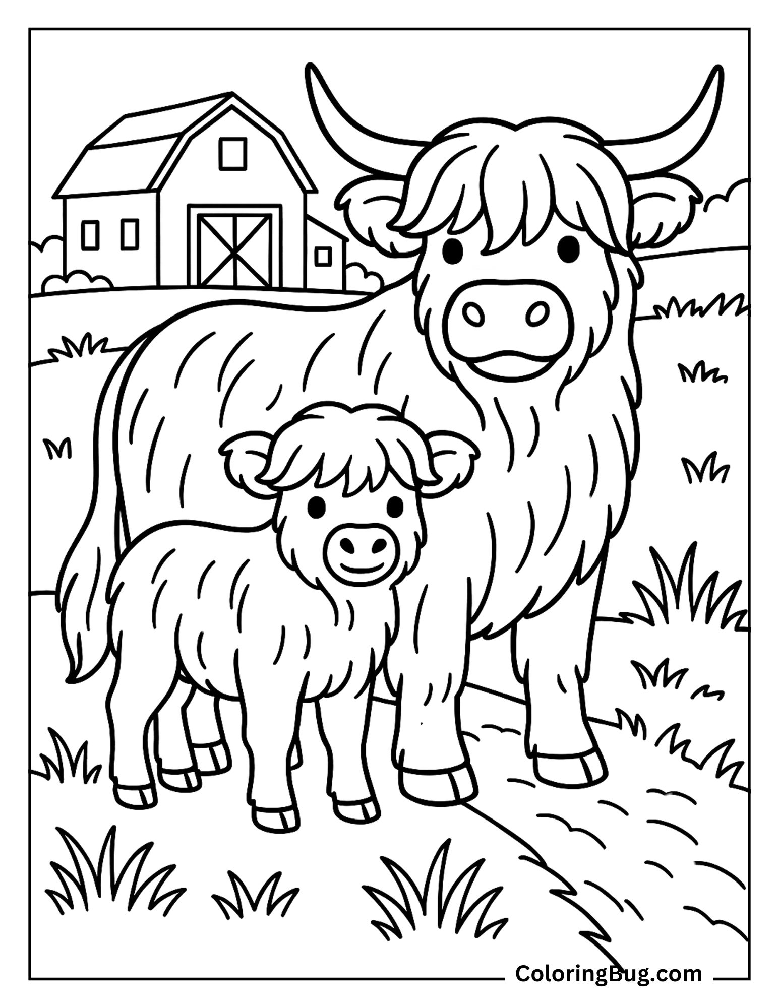 Highland Cow With Its Baby Coloring Sheet