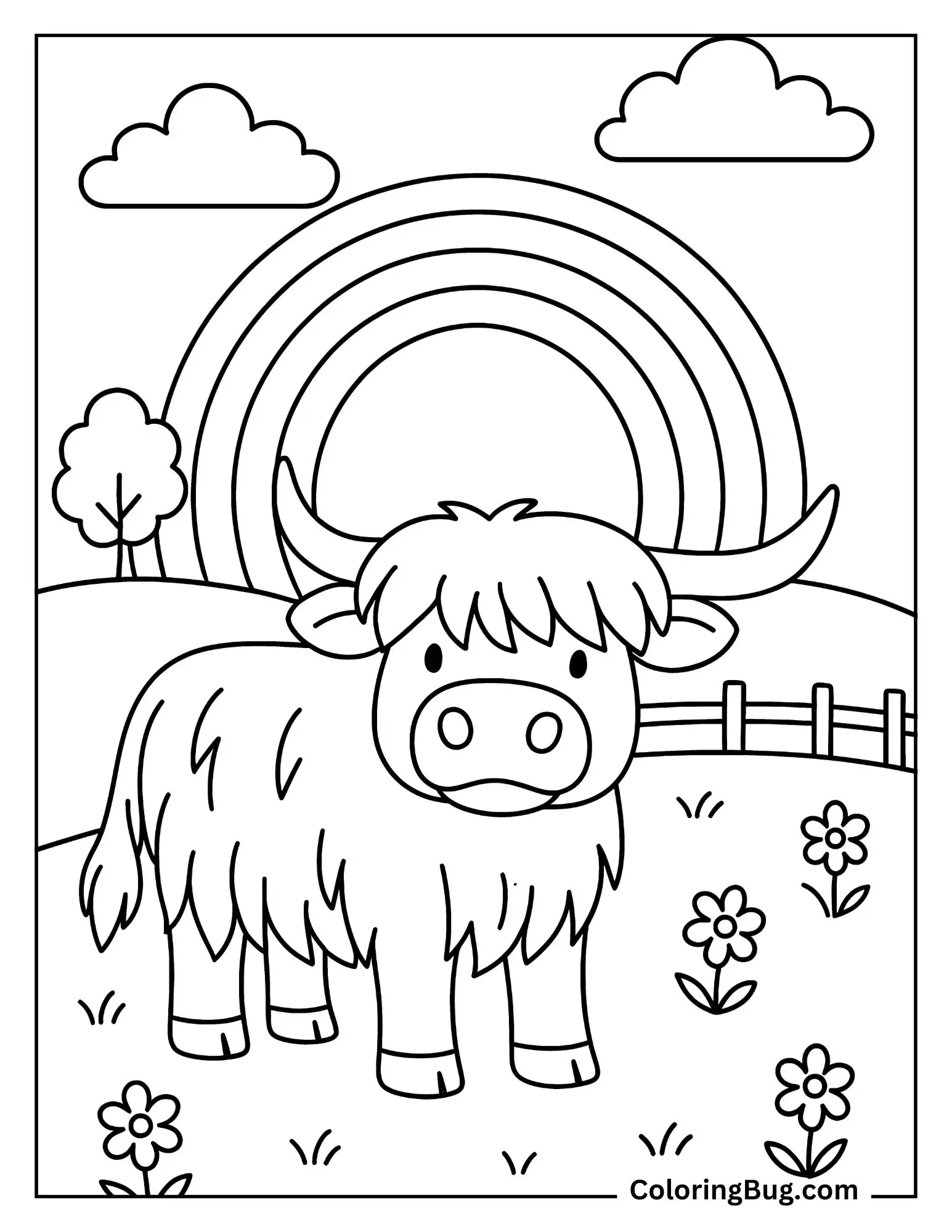 Highland Cow With Rainbow Coloring Sheet