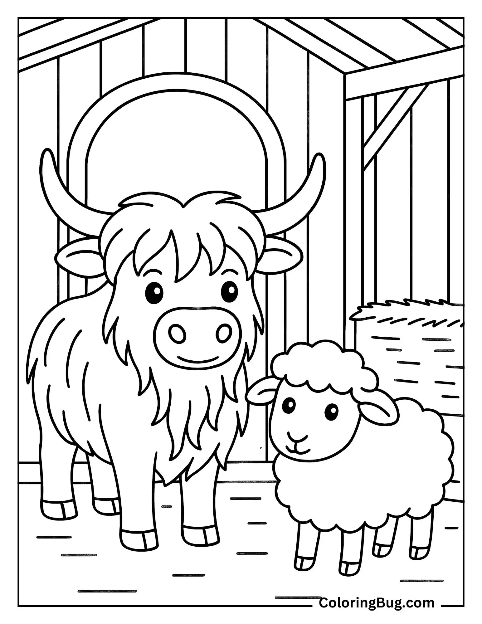 Highland Cow With Sheep Coloring Sheet