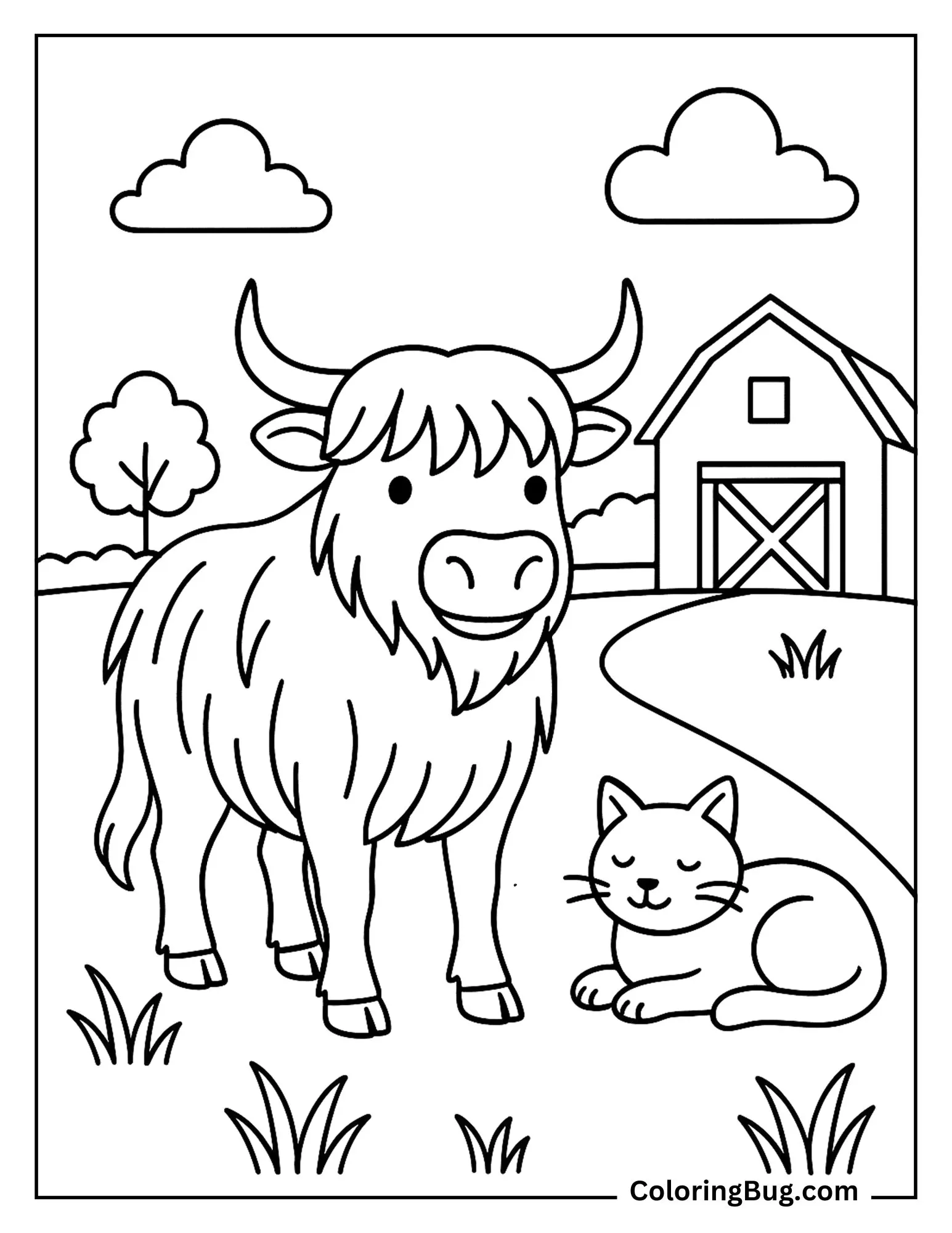 Highland Cow With a Farm Cat Resting Nearby Coloring Sheet