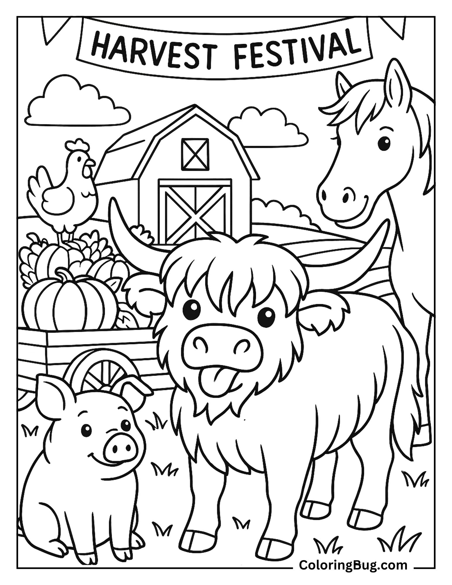 Highland Cow in Harvest Festival With Other Farm Animals Coloring Sheet