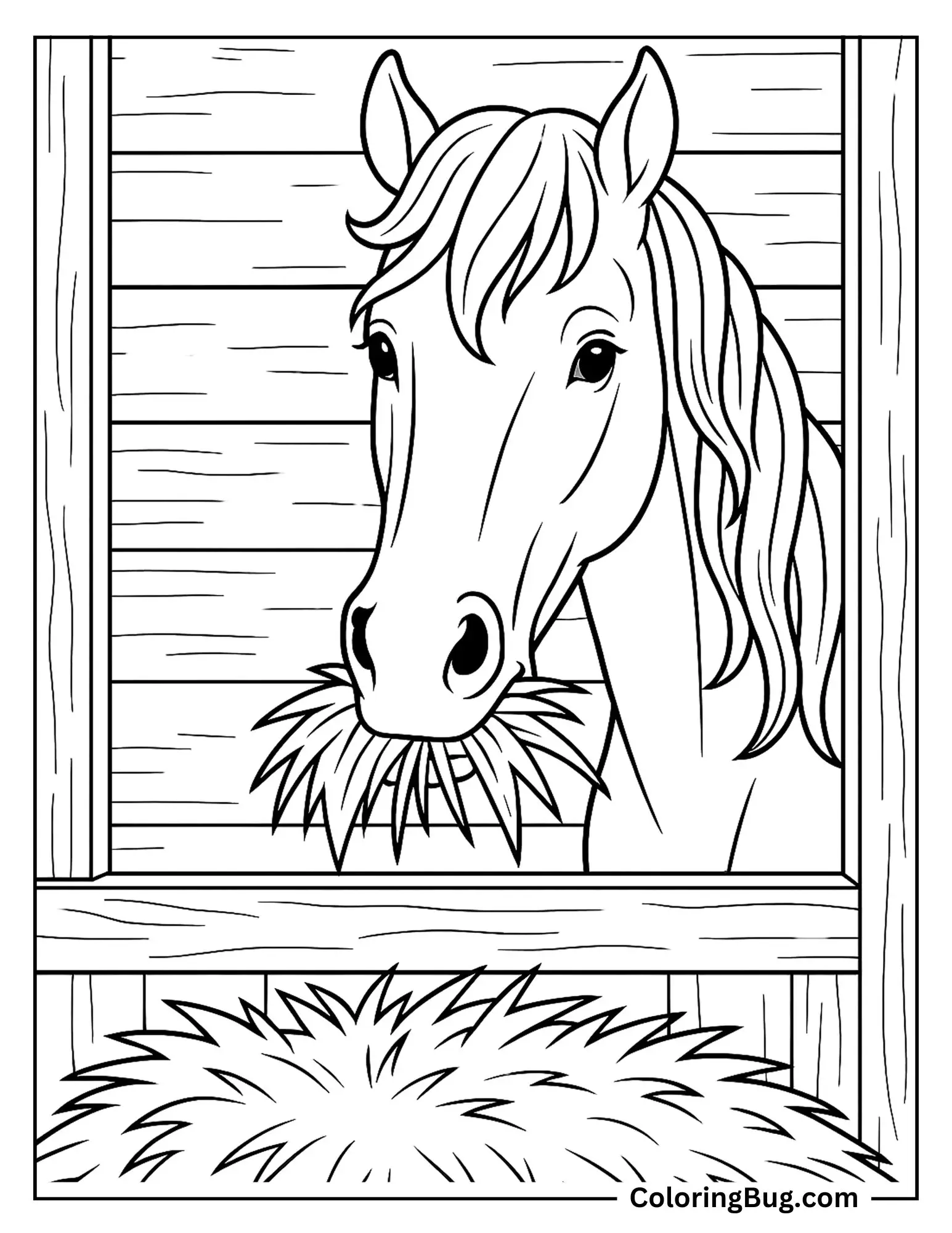 Horse Eating Hay in a Wooden Stall