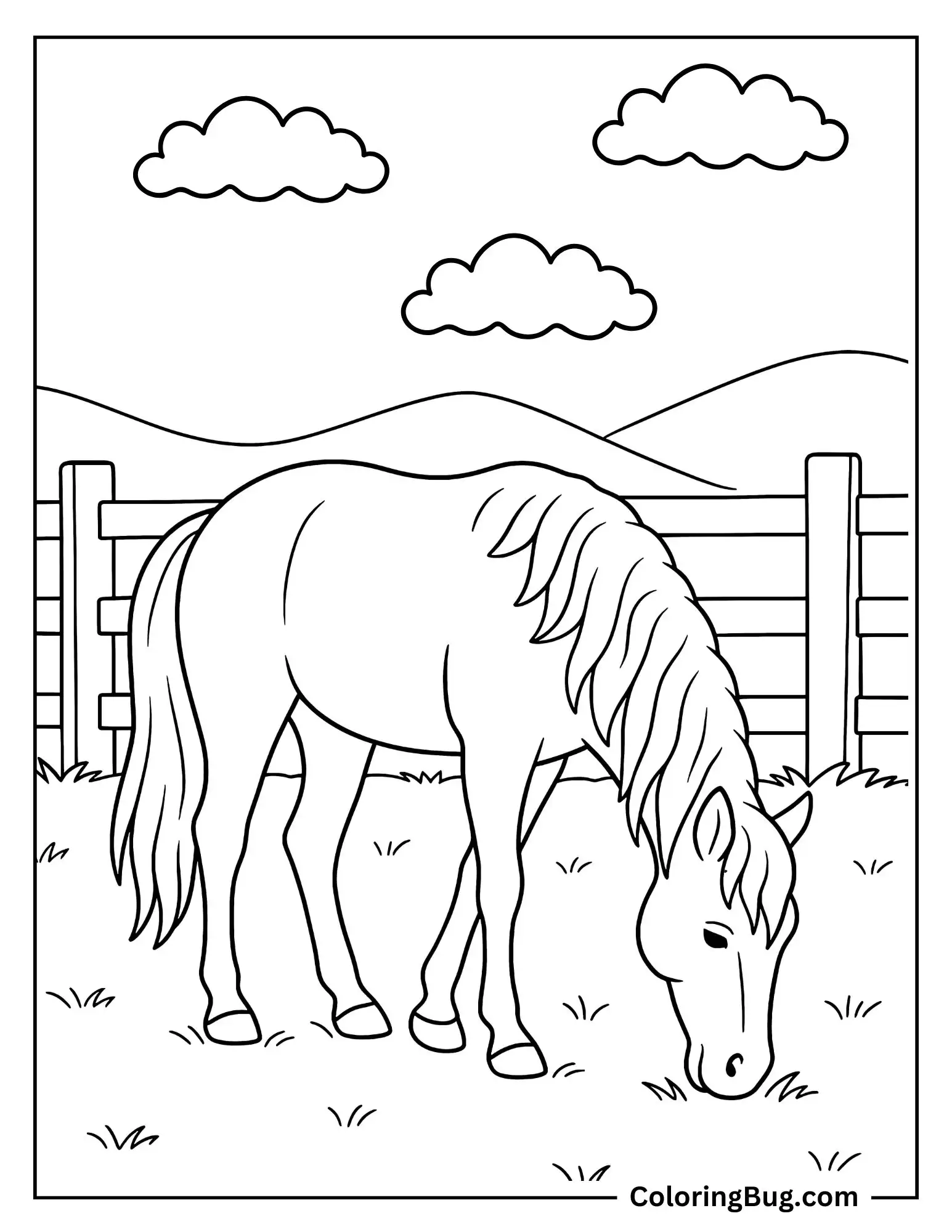 Horse Grazing Near a Wooden Fence Coloring Sheet

