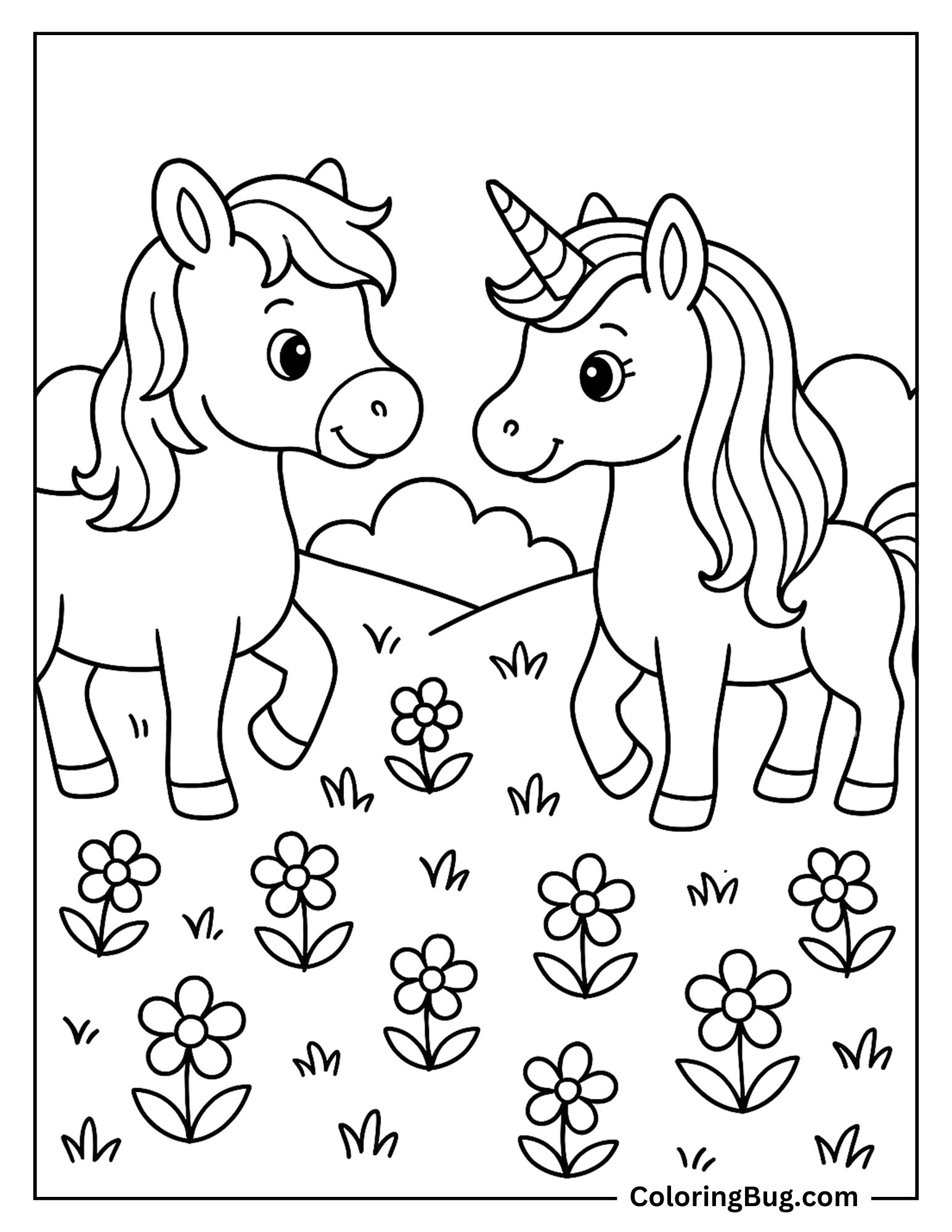 Horse Meeting Unicorn in Meadow Coloring Sheet