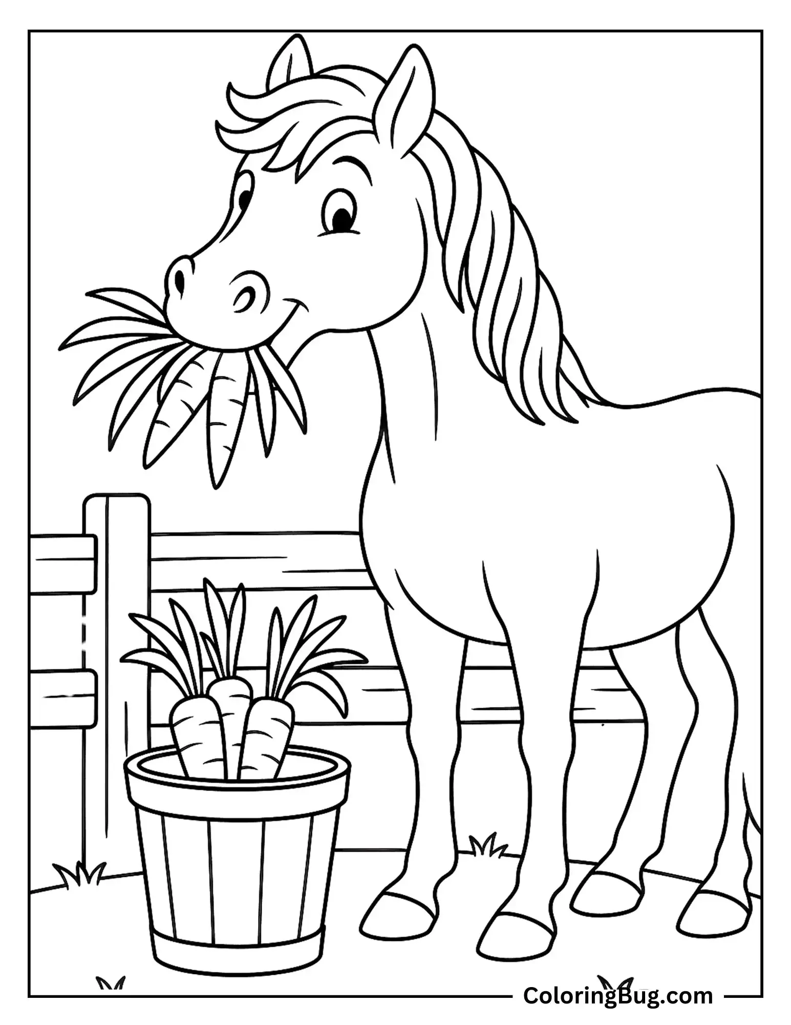 Horse Munching Carrots From a Bucket Coloring Sheet