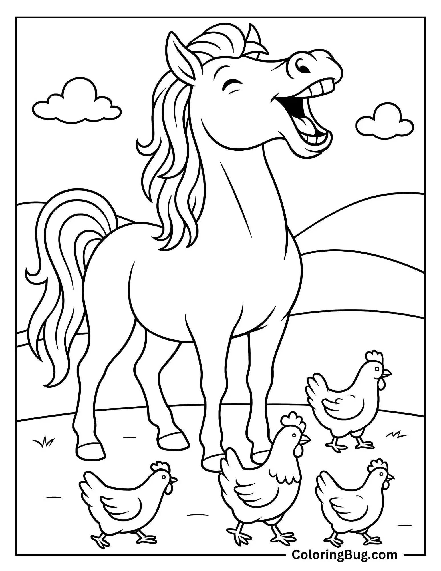 Horse Neighing as Chickens Walk By Coloring Sheet