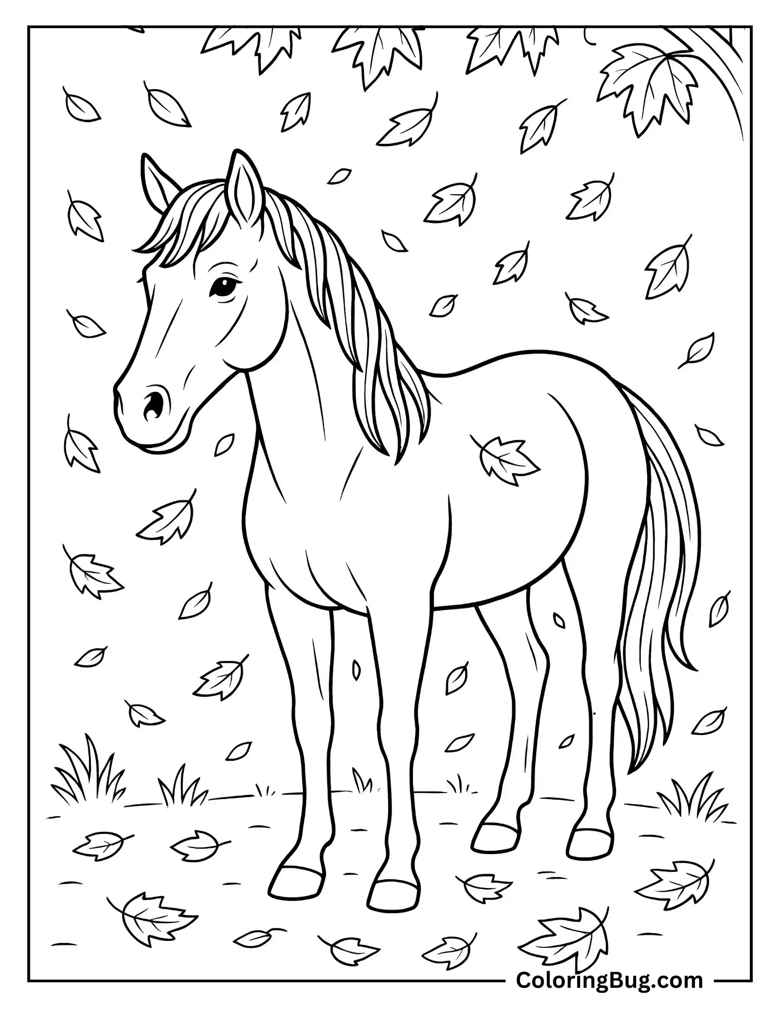 Horse Pausing Under Falling Autumn Leaves