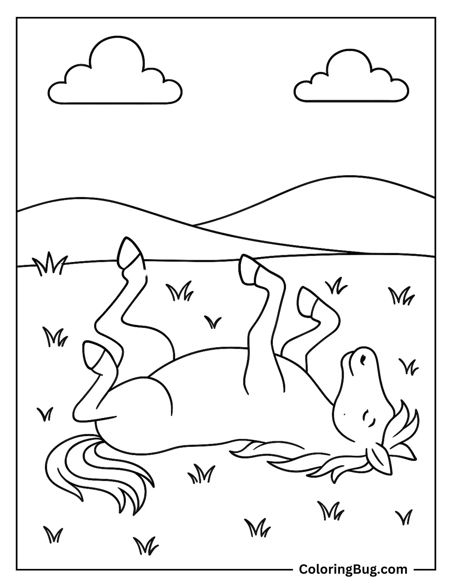 Horse Rolling on Its Back in the Grass Coloring Sheet