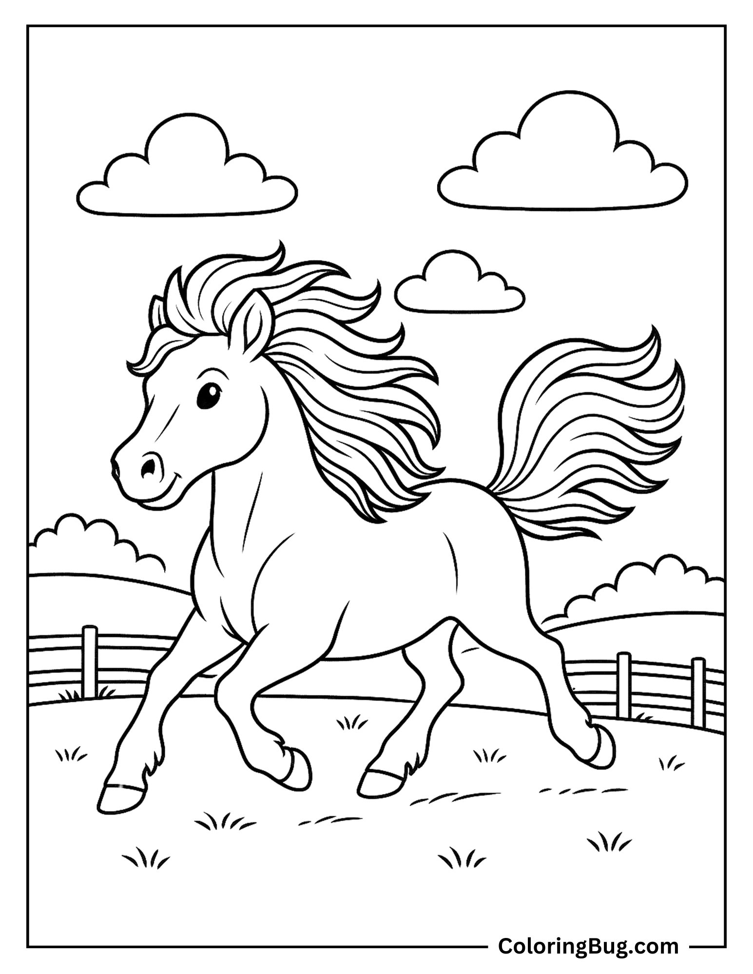 Horse Running in Pasture Coloring Sheet