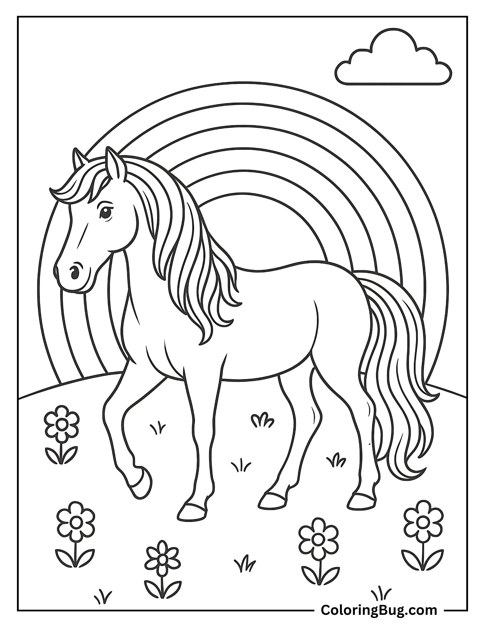 Horse Standing in Meadow With Rainbow Coloring Sheet