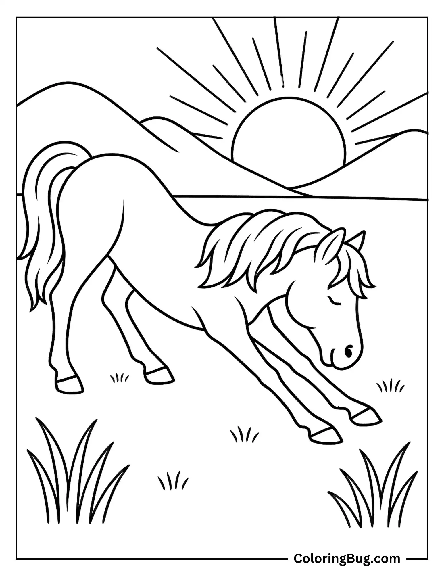 Horse Stretching Its Legs at Sunrise Coloring Sheet