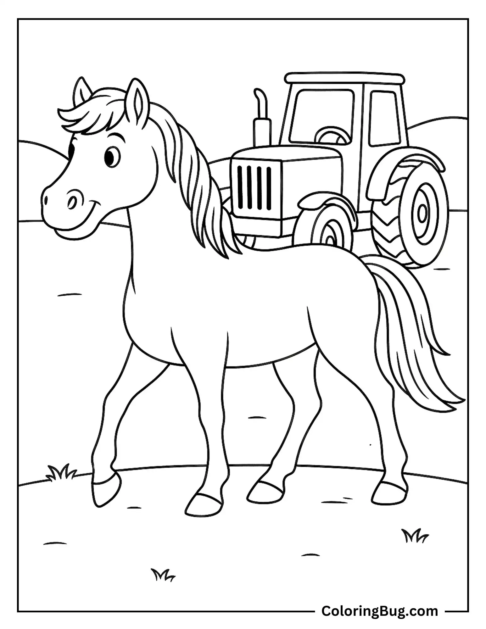 Horse Walking Past a Tractor Coloring Sheet