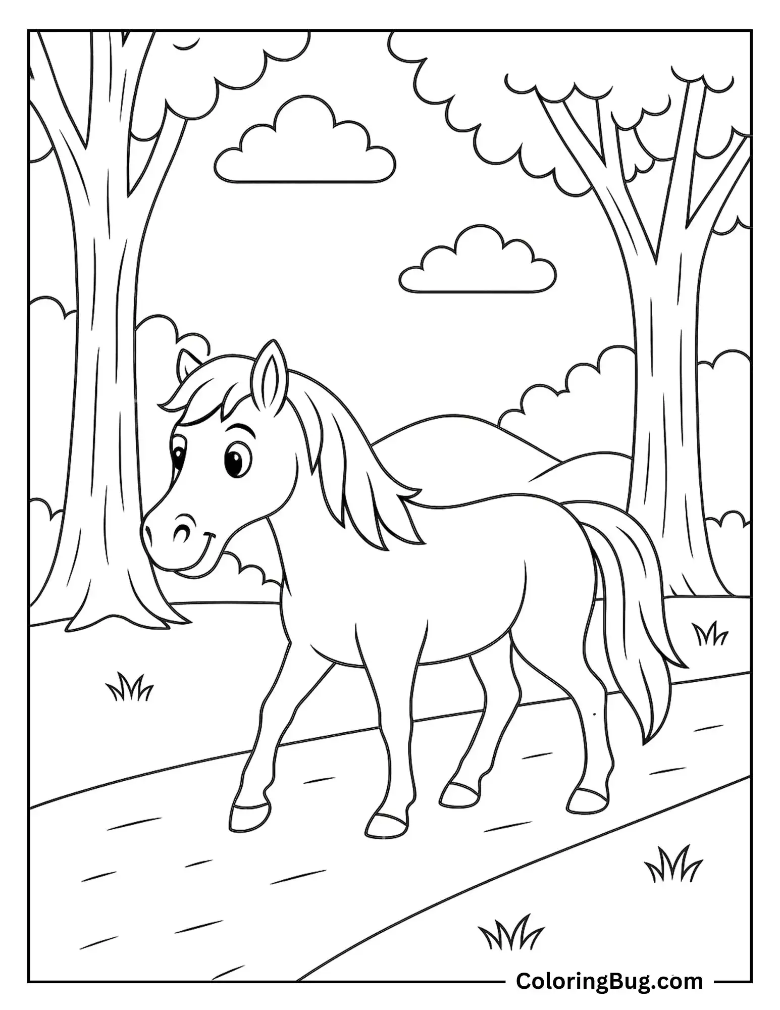 Horse Walking Through Forest Coloring Sheet