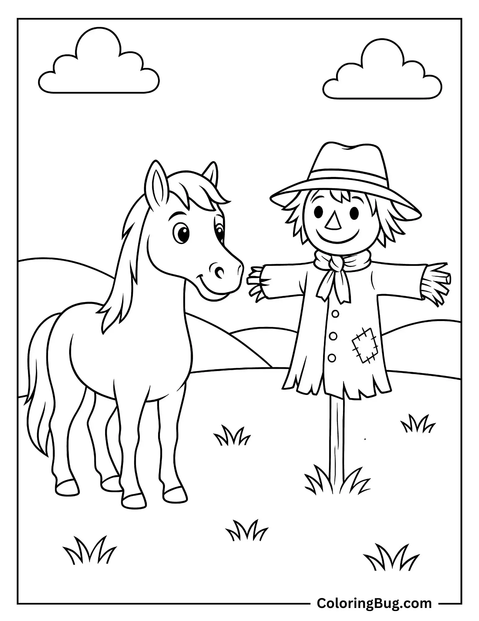 Horse With Scarecrow Coloring Sheet