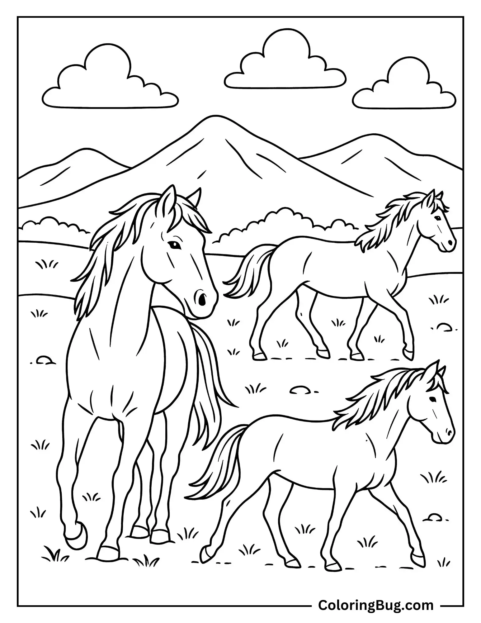 Horses Roaming in The Wild Coloring Sheet