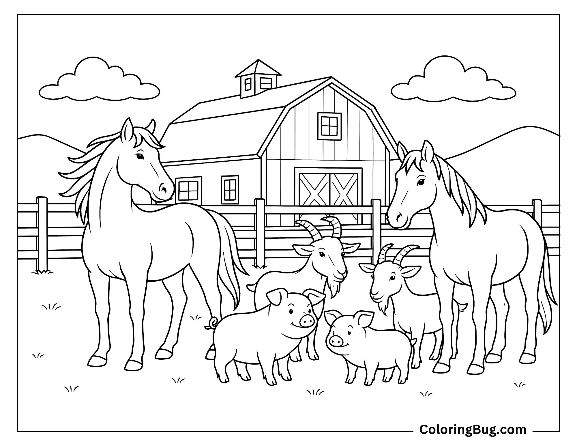 Horses With Pigs And Goats Standing in Farm  Coloring sheet 