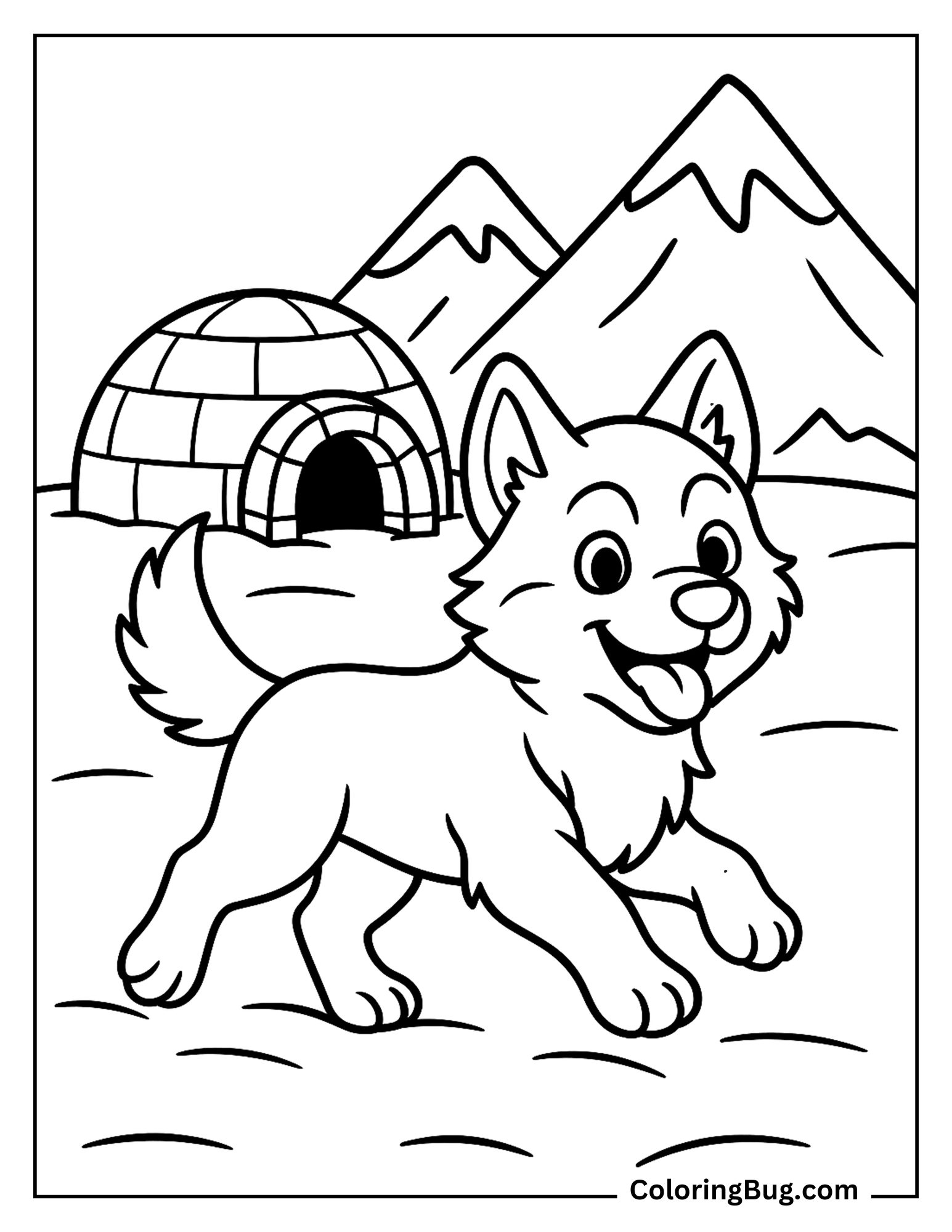 Huskey Puppy in Front of Igloo coloring Sheet