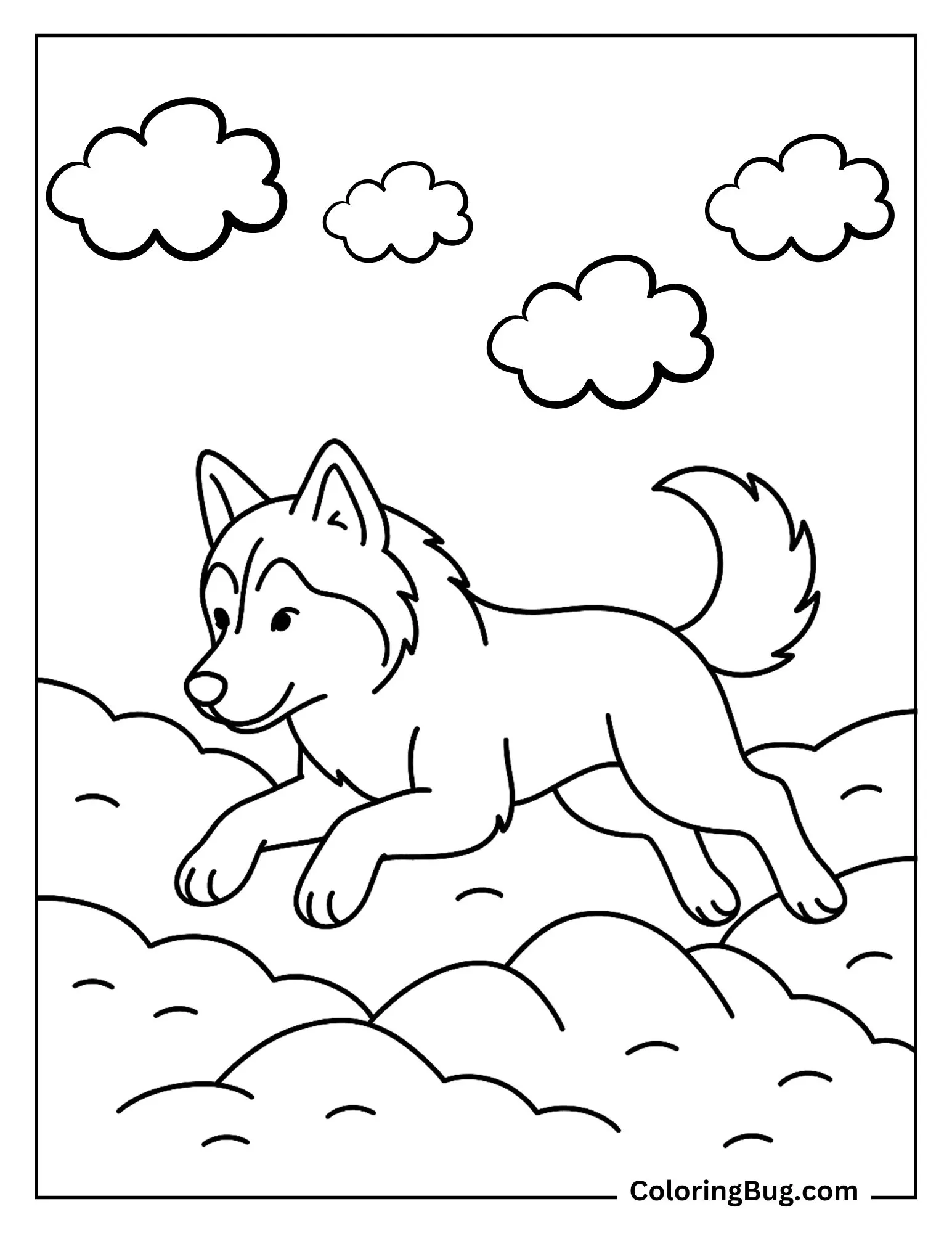 Husky Jumping Over Snow Mounds in an Open Field Coloring Sheet