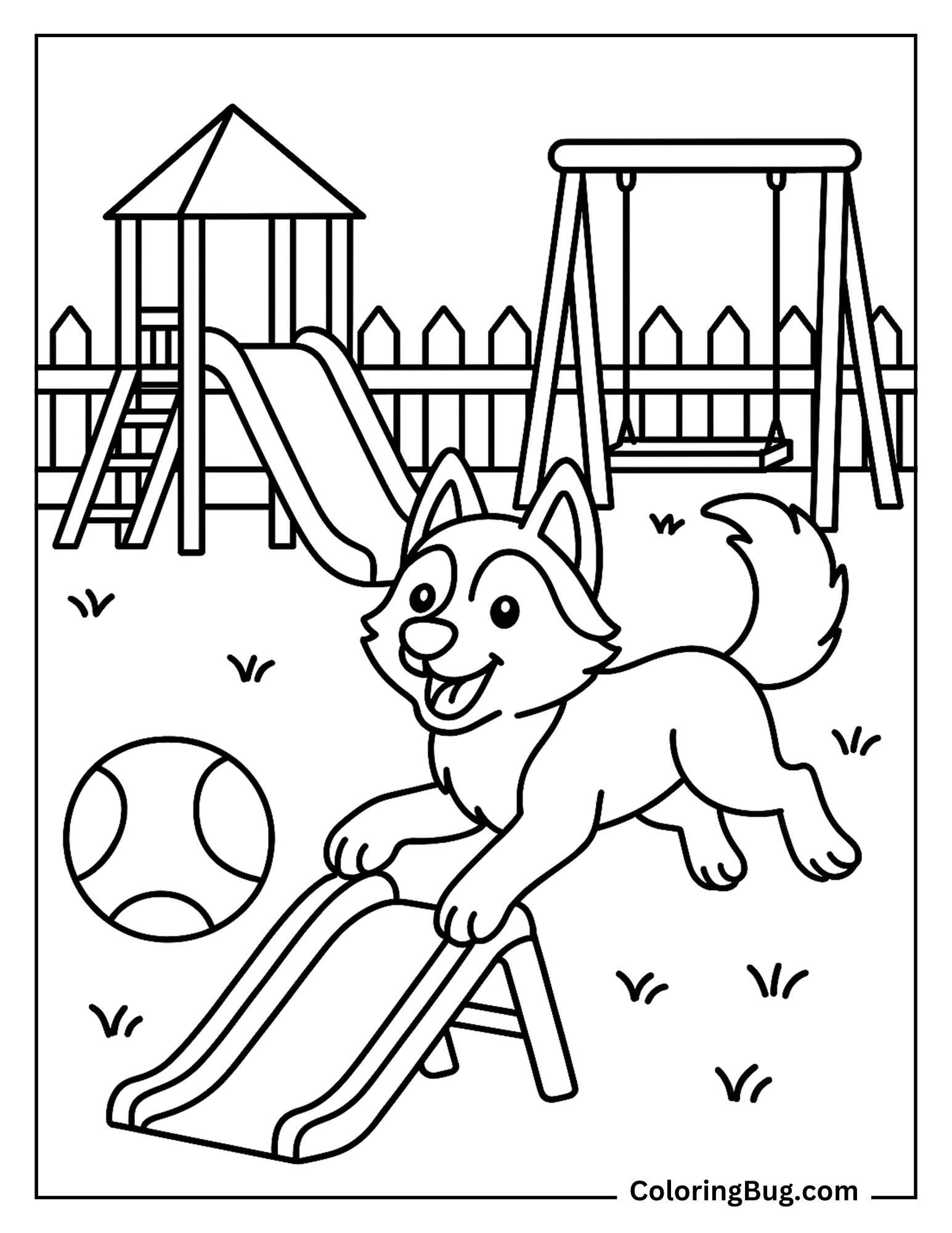 Husky Playing in a Fenced Playground Coloring Sheet