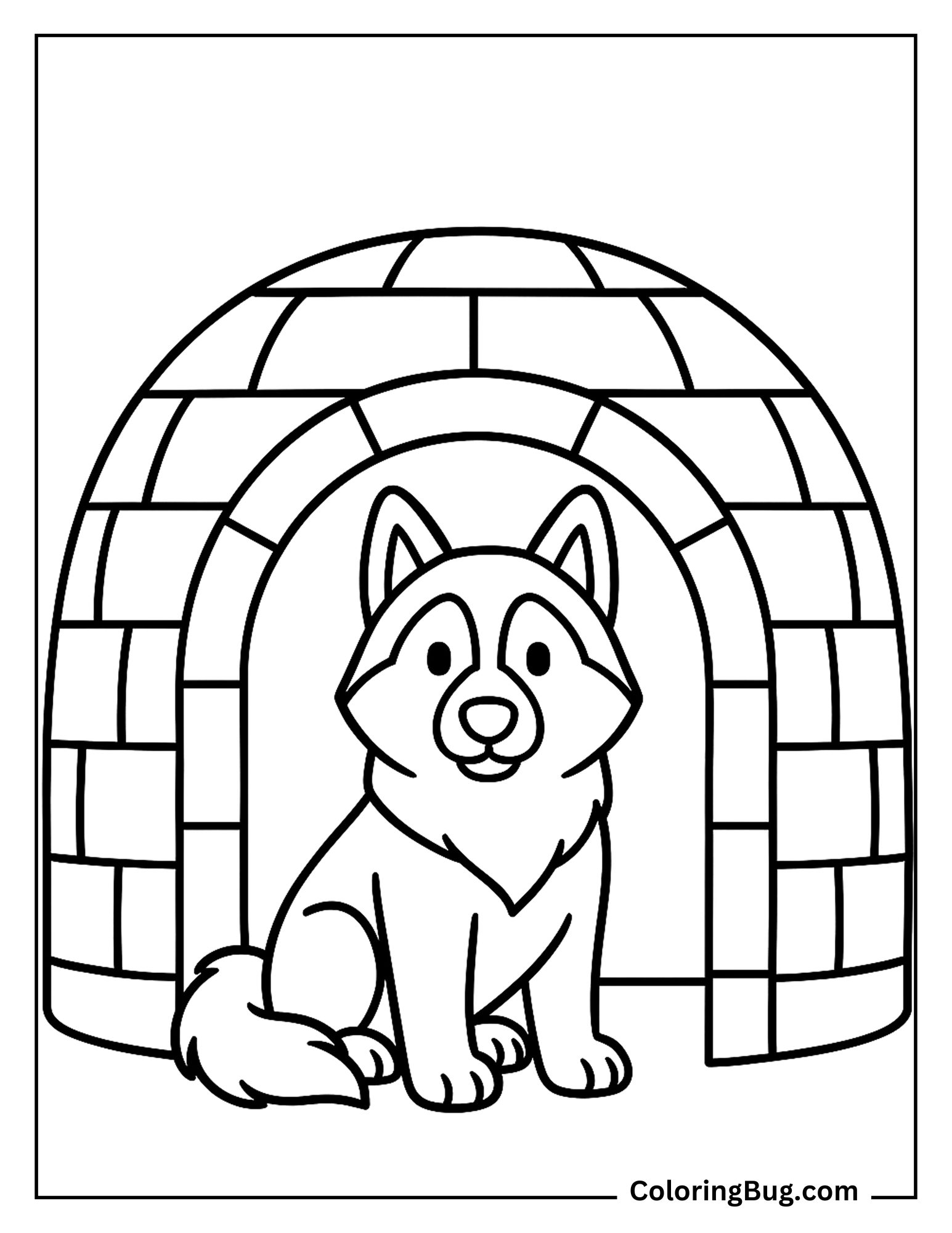 Husky Sitting Inside Igloo Coloring Sheet