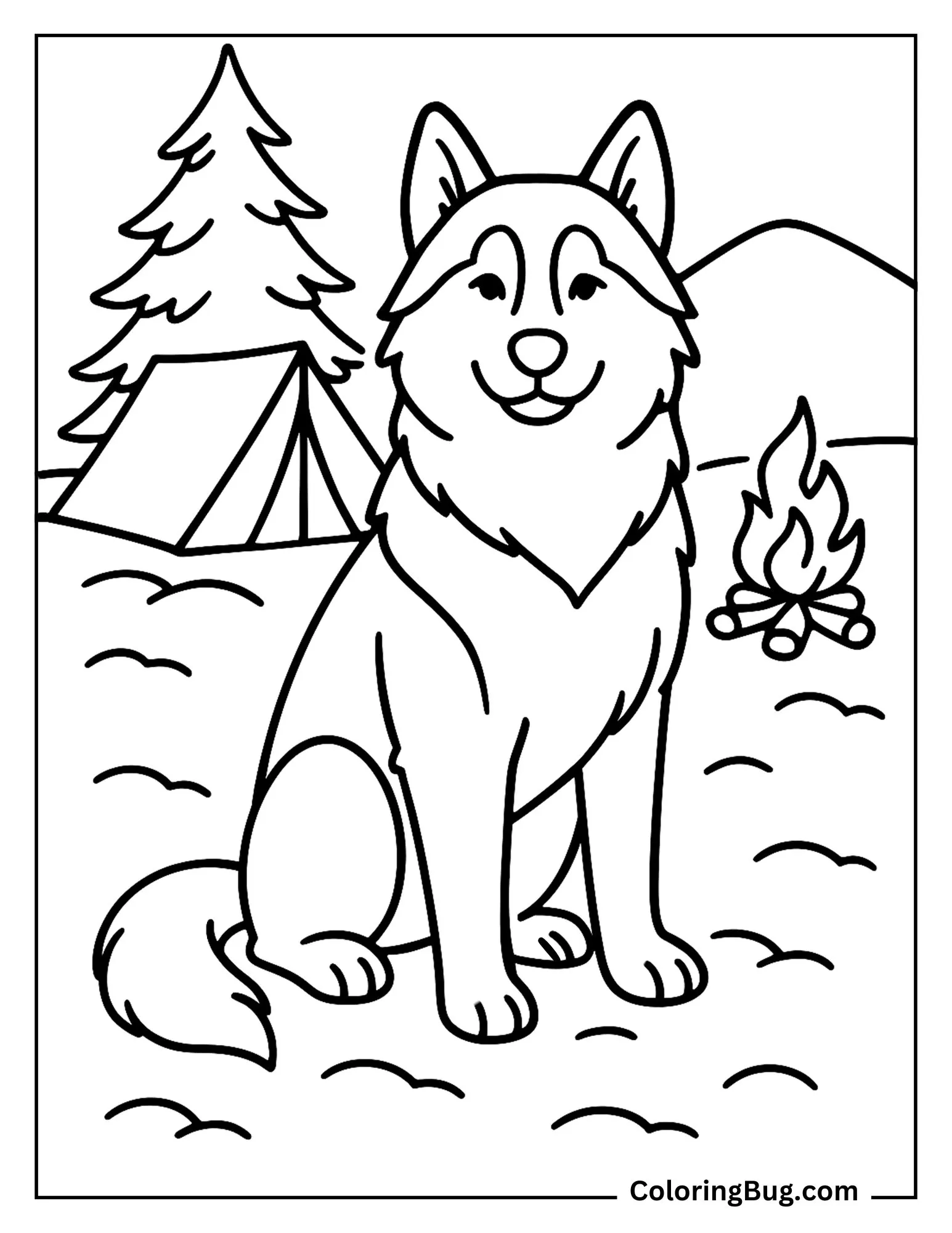 Husky Sitting at a Winter Campsite Coloring Sheet