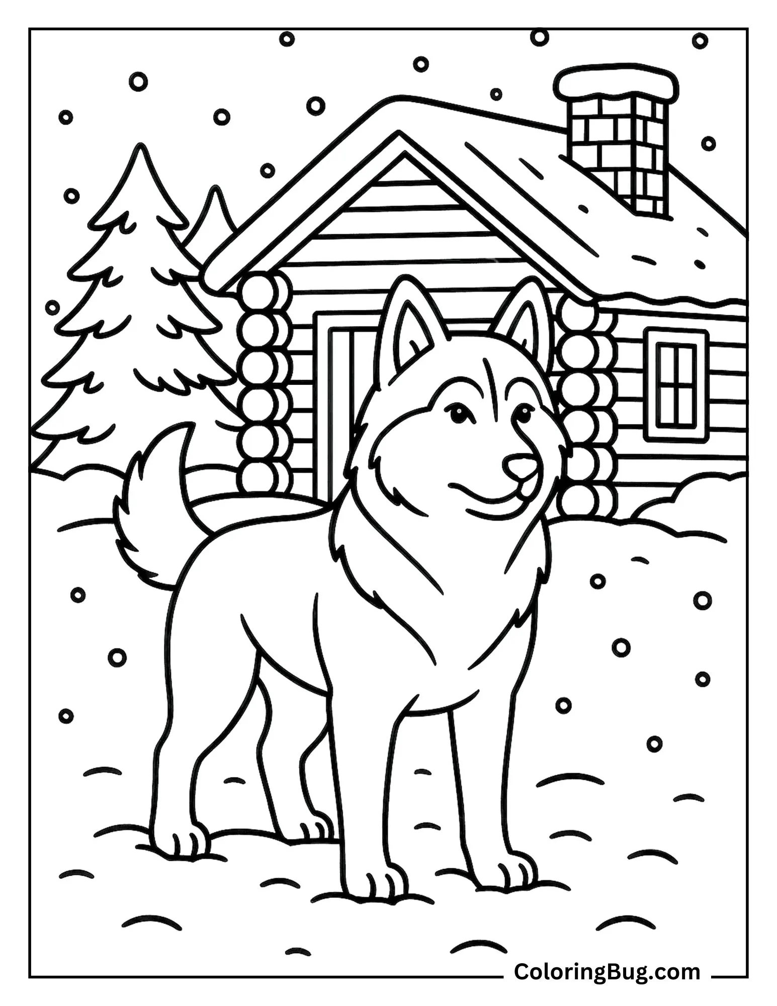 Husky Standing Outside a Log Cabin in the Snow Coloring Sheet