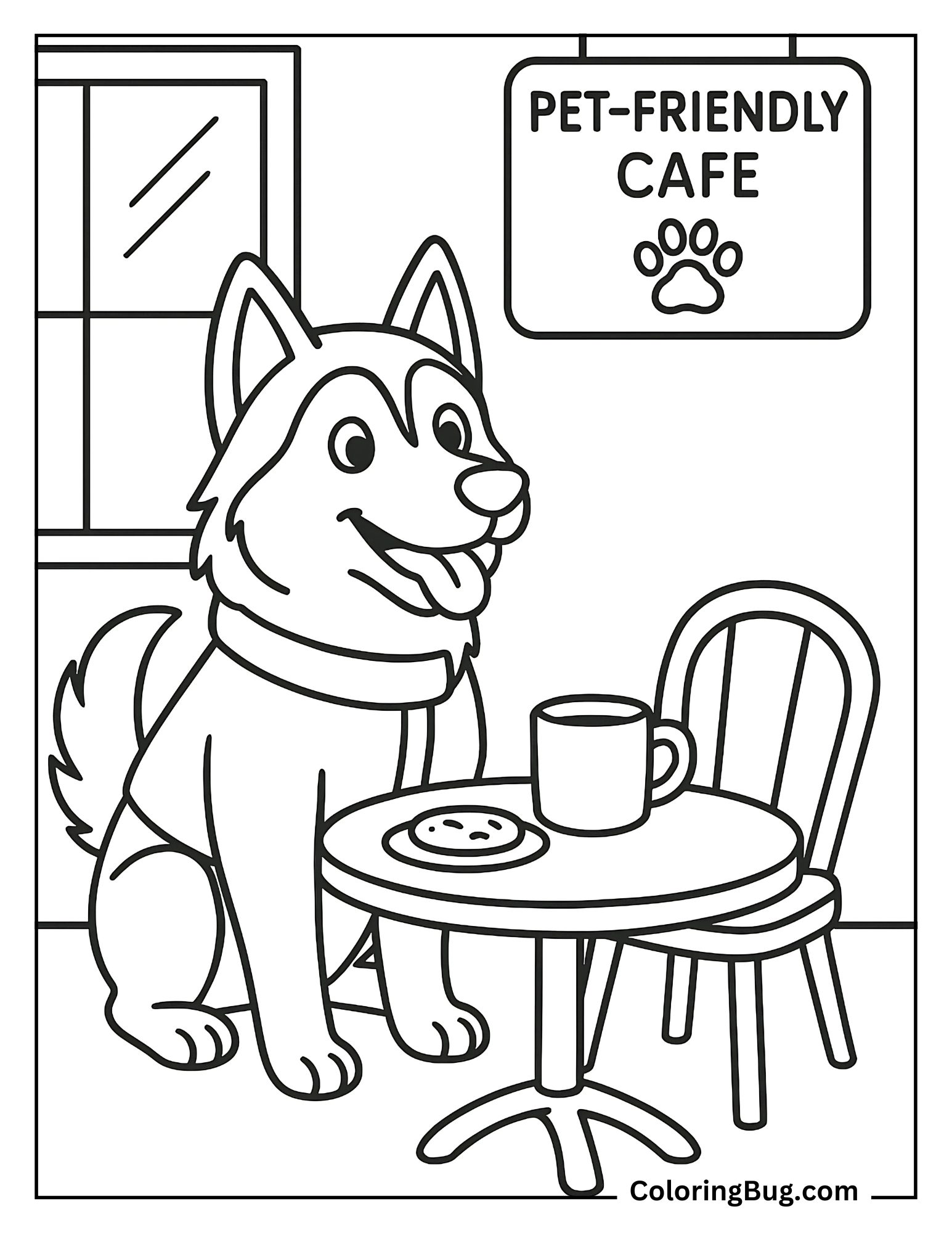 Husky Visiting a Pet-Friendly Cafe Coloring Sheet
