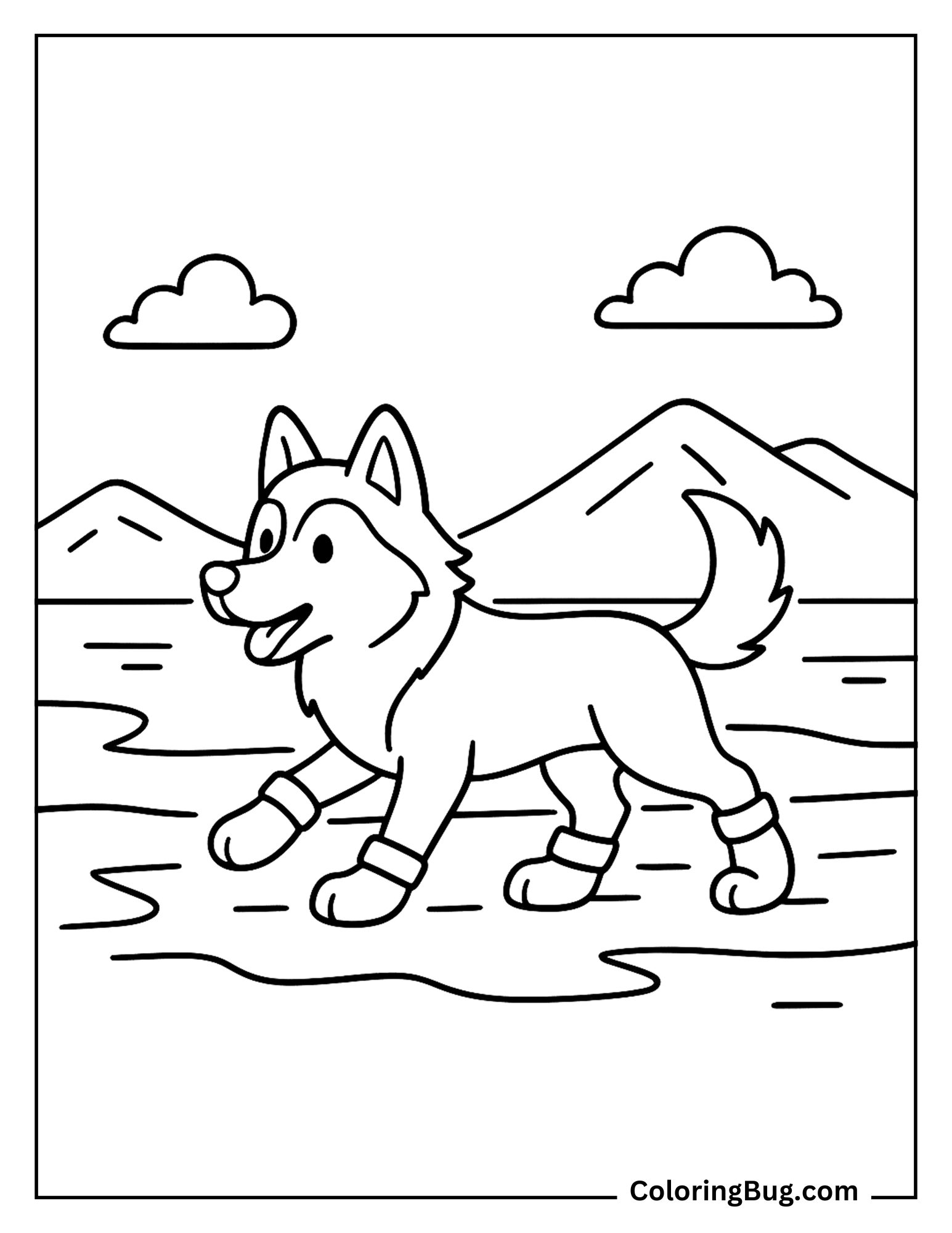 Husky Walking on an Icy Path With Paw Covers Coloring Sheet