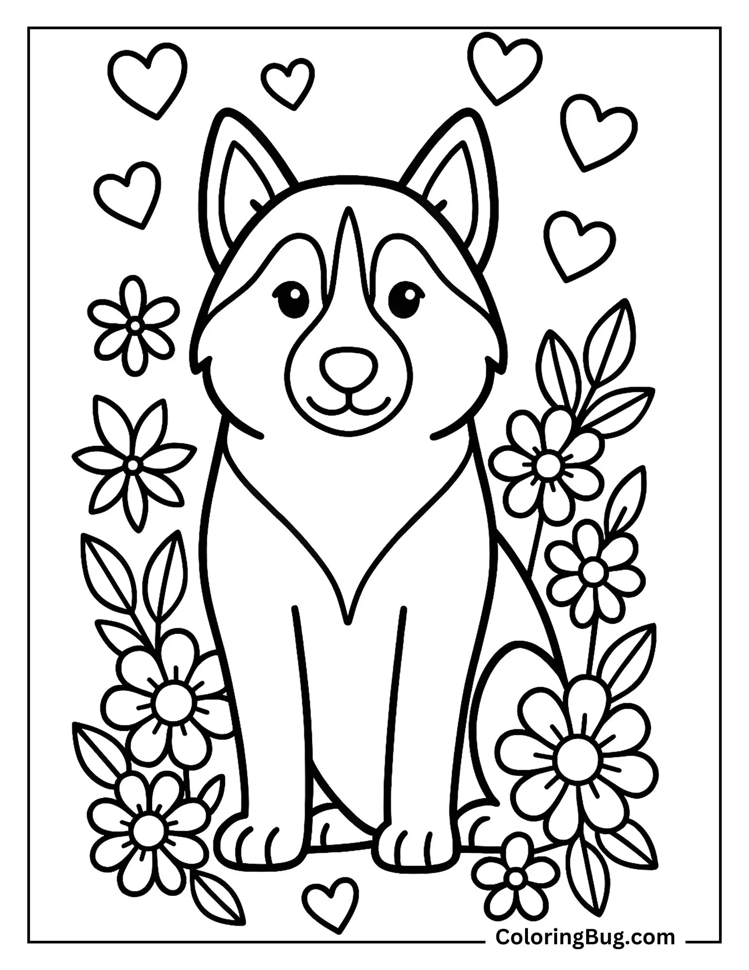 Husky With Hearts And Flowers Coloring Sheet