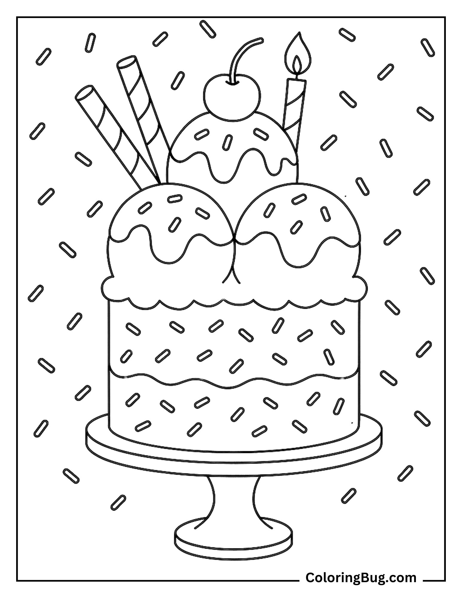 Ice Cream Sundae Birthday Cake With Scoops and Sprinkles Coloring Sheet