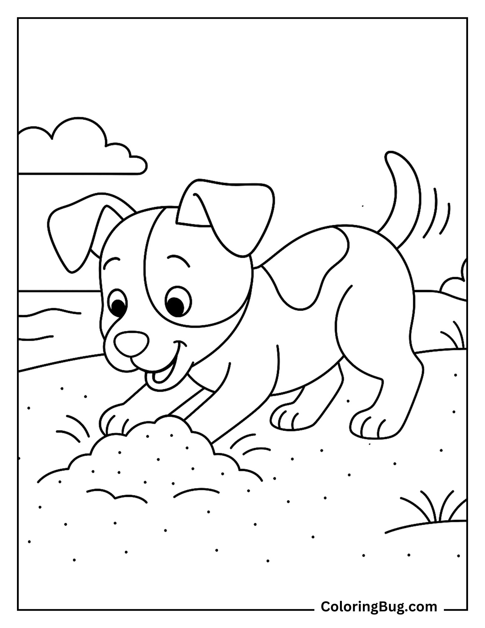 Jack Russell Puppy Digging in Beach Sand coloring Sheet