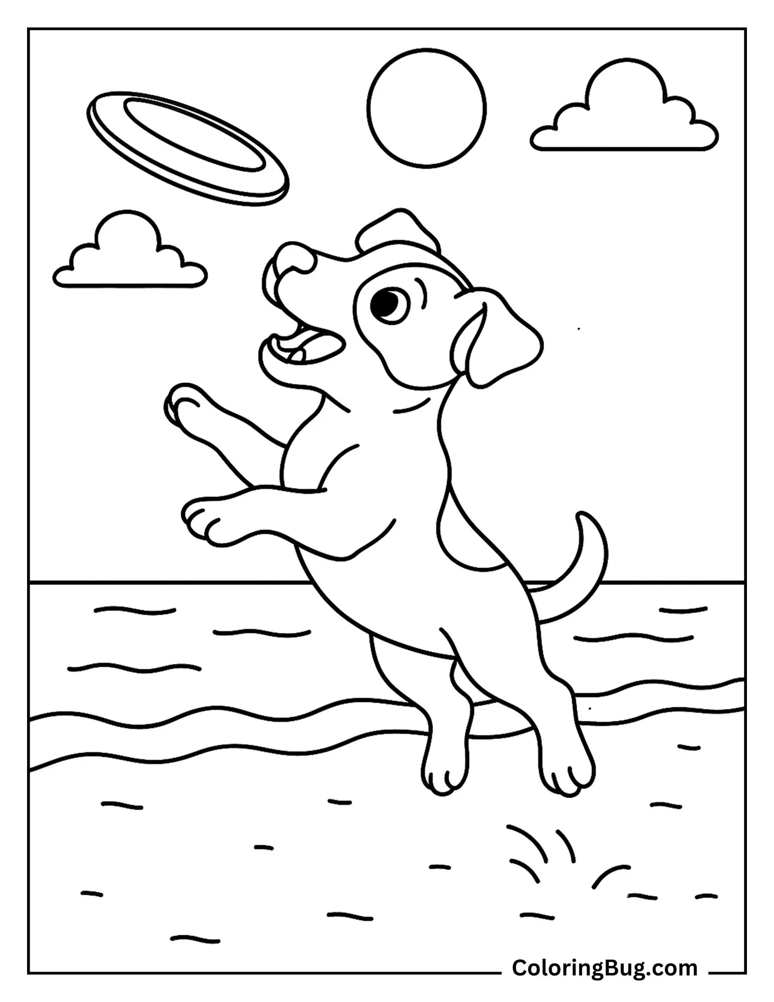 Jack Russell Puppy Jumping To Catch Frisbee at Beach Coloring Sheet