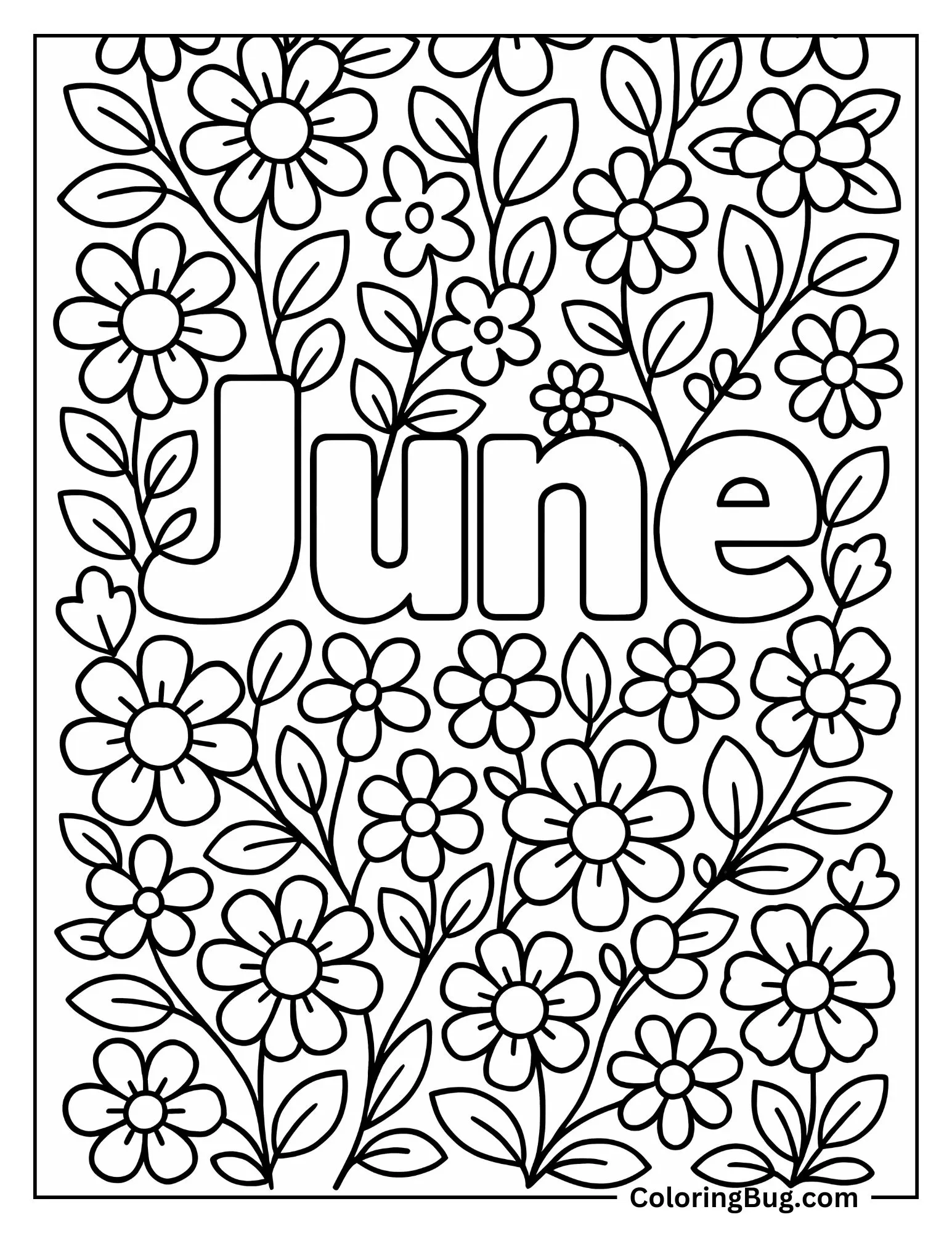 June With Summer Flowers Pattern Coloring Sheet