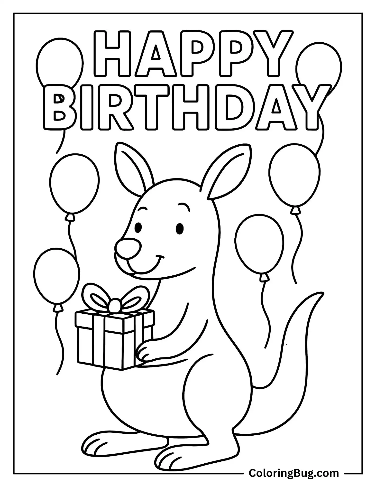 Kangaroo Holding Birthday Gift Coloring Sheet