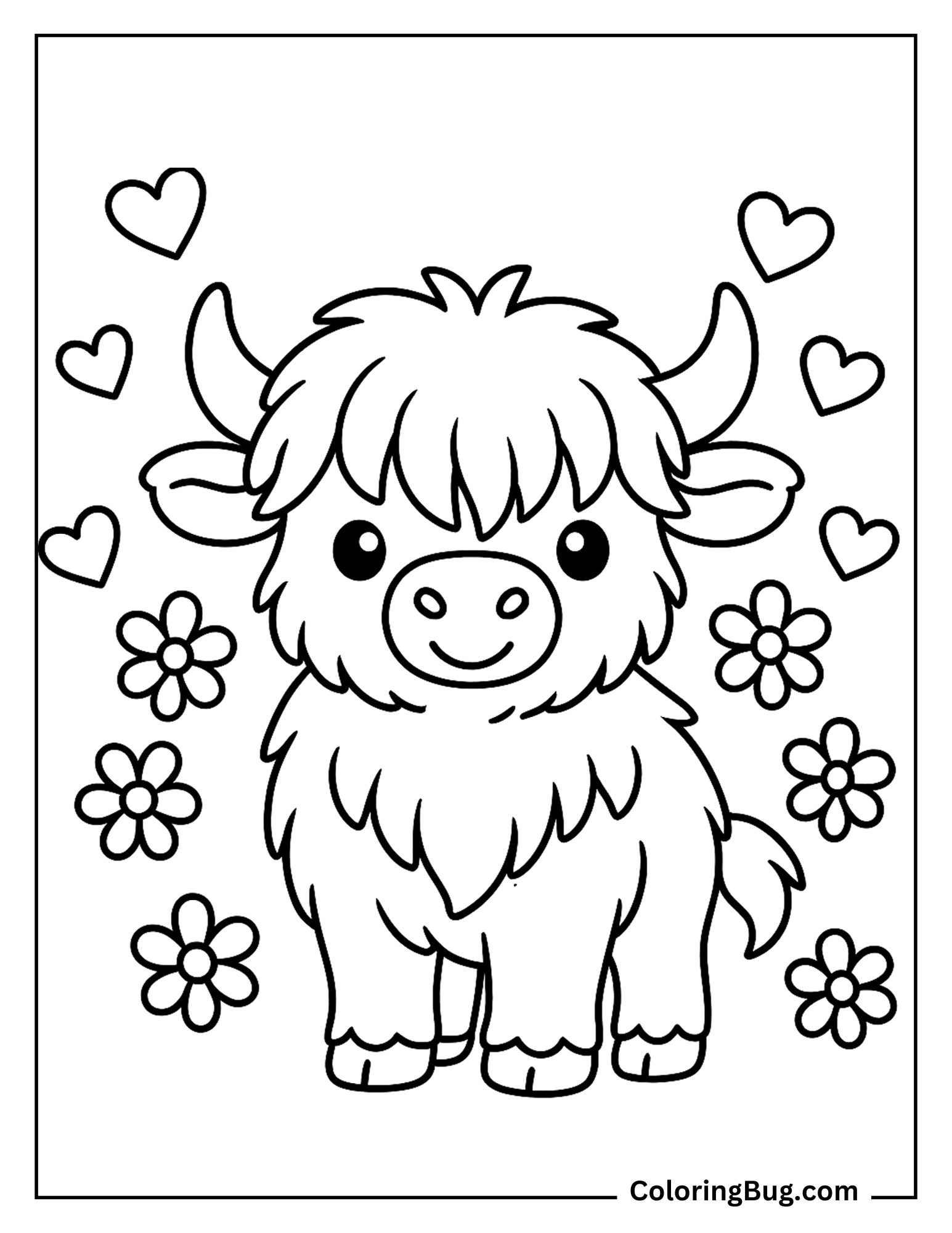 Kawaii Highland Cow With Hearts And Flowers Coloring Sheet