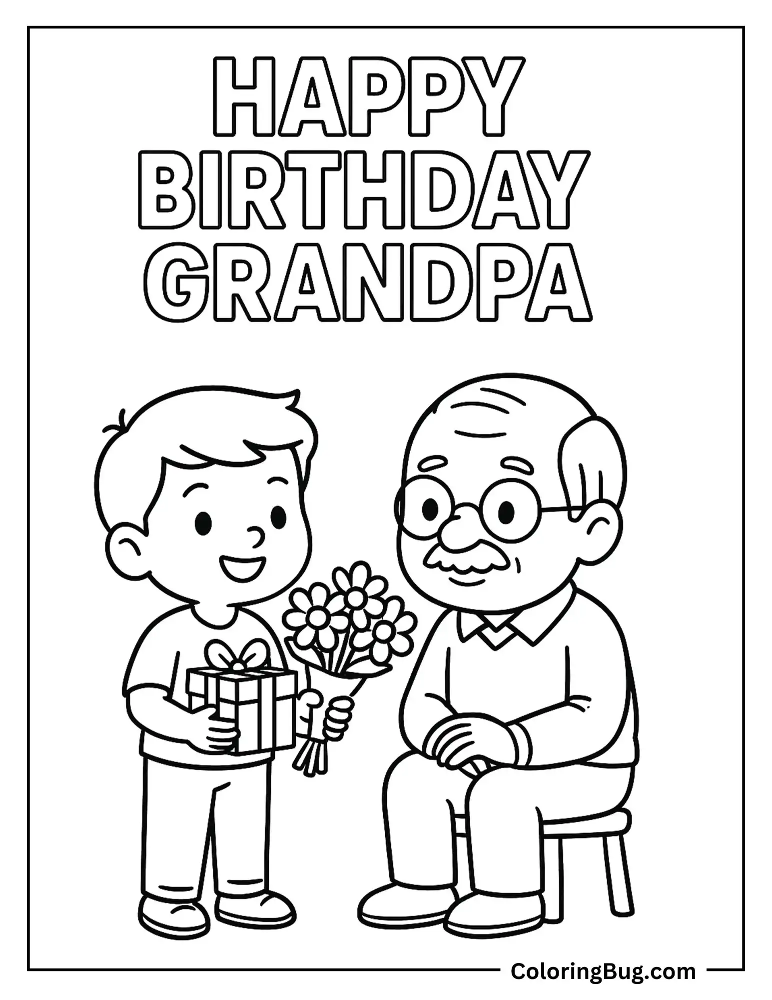 Kid Giving Birthday Present To Grandpa Coloring Sheet