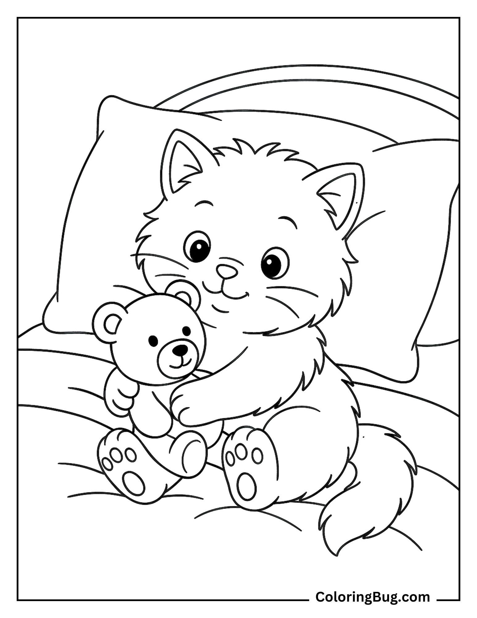 Kitten Cuddling With a Stuffed Teddy coloring Sheet