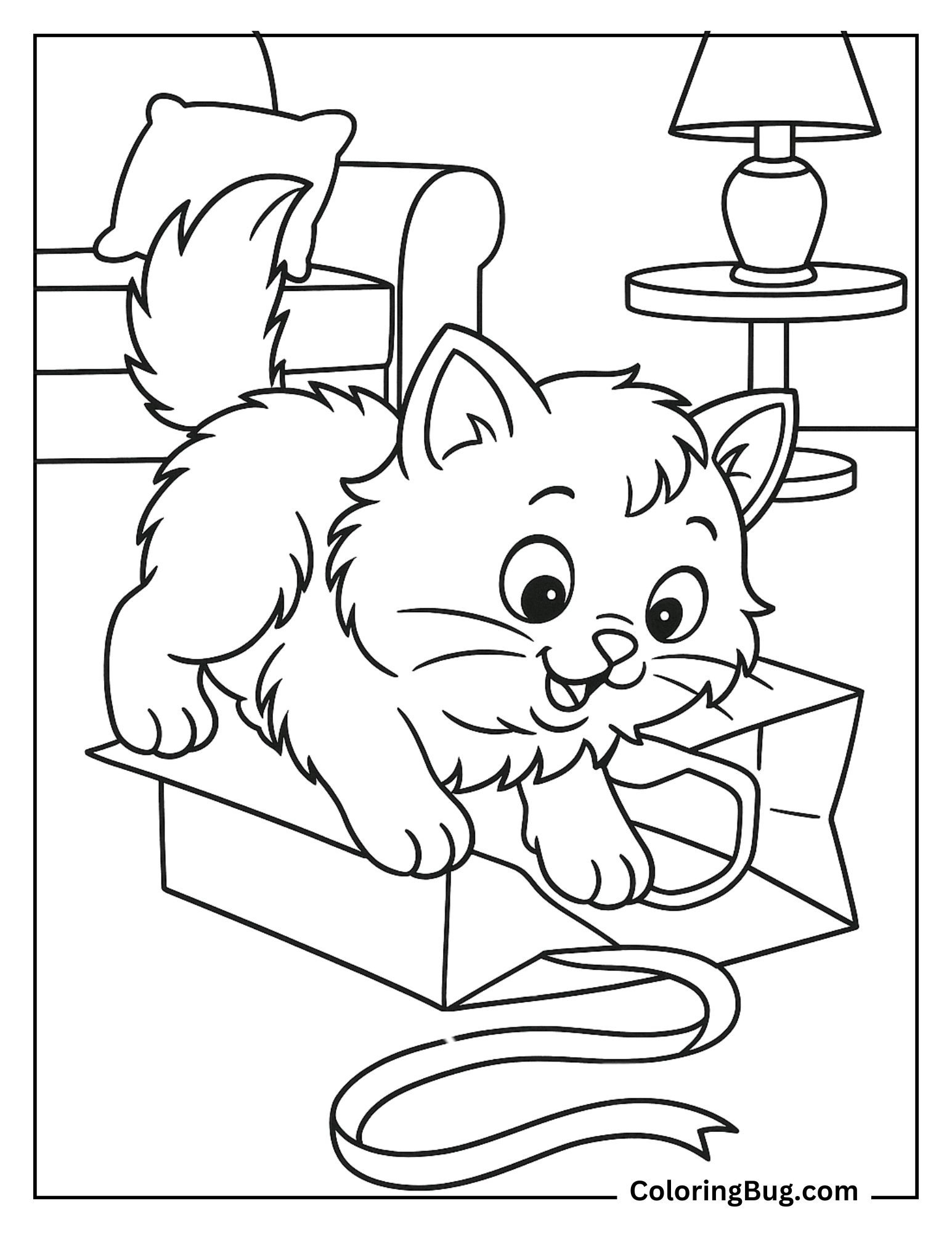 Kitten Exploring a Paper Bag coloring Sheet