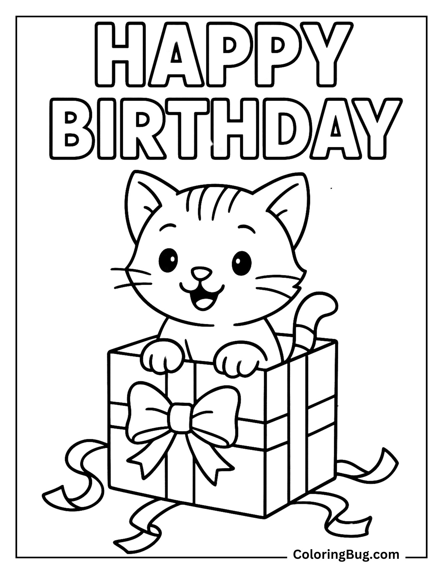 Kitten Peeking Out of Gift Box Coloring Sheet