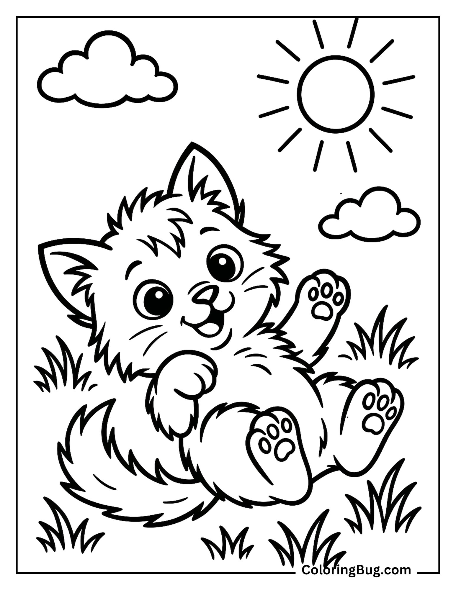 Kitten Rolling on The Grass Coloring Sheet